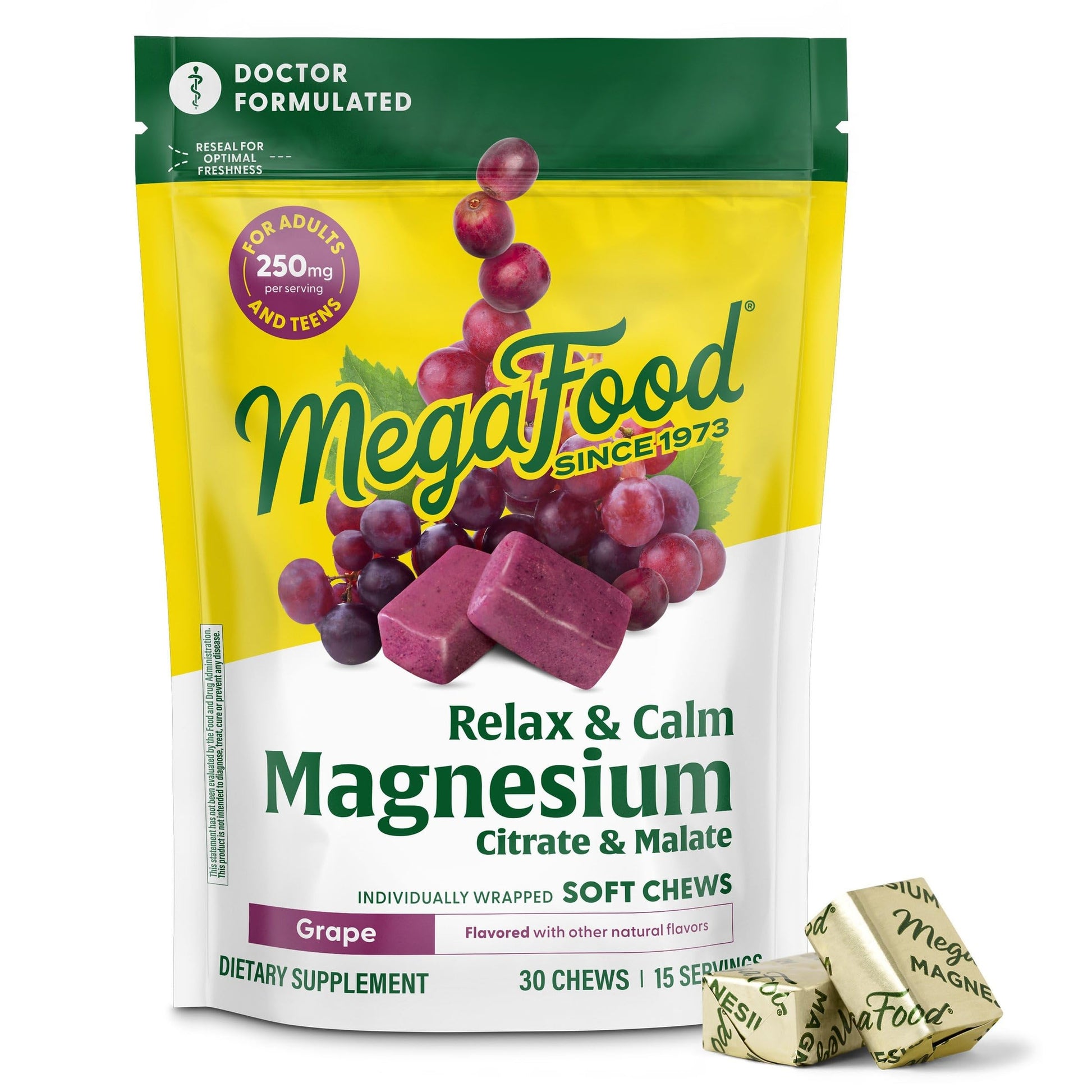 MegaFood Relax + Calm Magnesium Complex with Magnesium Citrate & Malate for Heart Health, Muscle Tension & More – Doctor Formulated - Vegetarian – Grape Flavor - 30 Soft Chews (15 Servings) MegaFood Au supplements