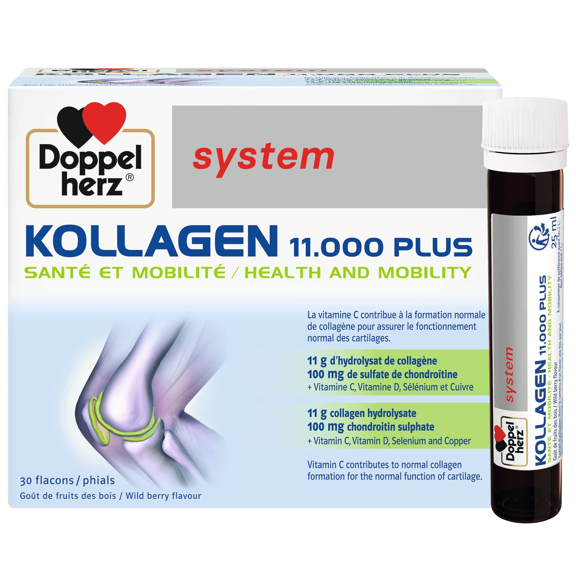 Doppelherz - Kollagen 11000 Plus - Collagen hydrolysate, chondroitin Sulphate, Vitamins C and D and Trace Elements - for Bones, cartilages and tendons - Wild Berry Flavour Liquid- 30 Bottles of 25ml Doppelherz Au supplements