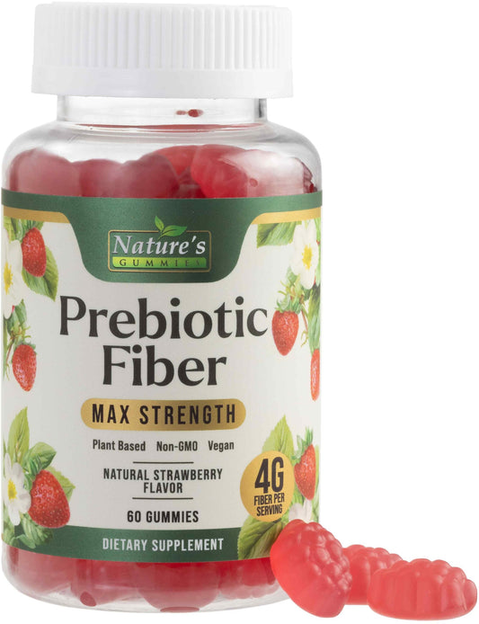 Prebiotic Fiber Gummies - 4g Dietary Fiber Per Serving - Extra Strength Daily Supplement for Adults - Tasty Strawberry Flavor - Plant Based Digestive Nature's GummiesUS supplements