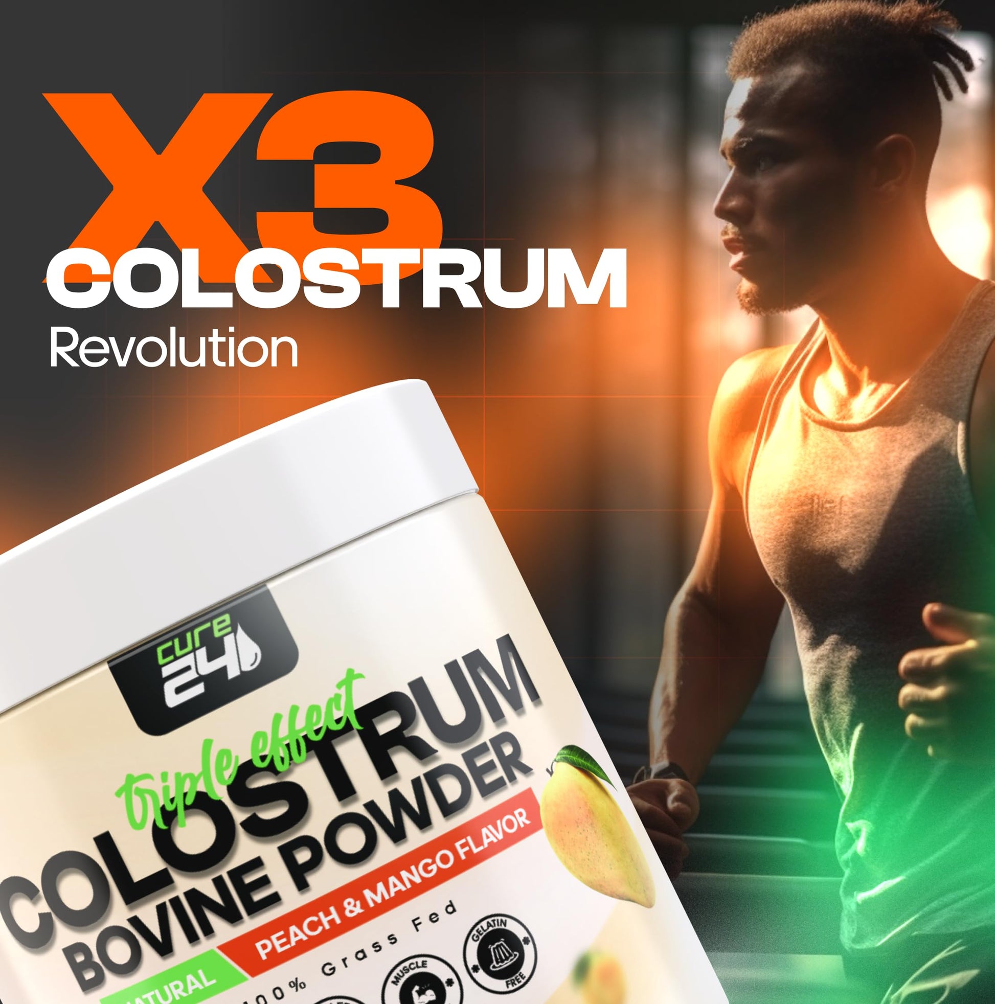 Cure24 Bovine X3 Colostrum Supplement Powder for Humans, 100% Pure Whole Natural Grass Fed Superfood, High IgG, Plus Probiotic & Prebiotic, Natural Peach-Mango Flavor, Made in USA Cure24 Au supplements
