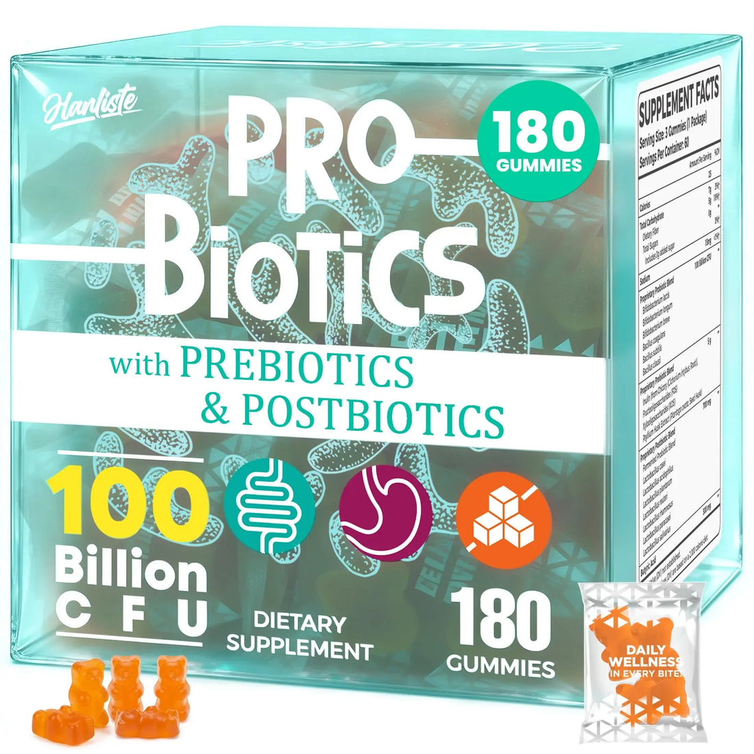 (180 Count) Probiotic Gummies, 19 in 1 Prebiotics Postbiotic Probiotic Gummies, 100 Billion CFU Probiotics for Women Men, Complete Immune, Gut & Digestive Support*, Sugar Free, Vegan Hanliste uk supplements