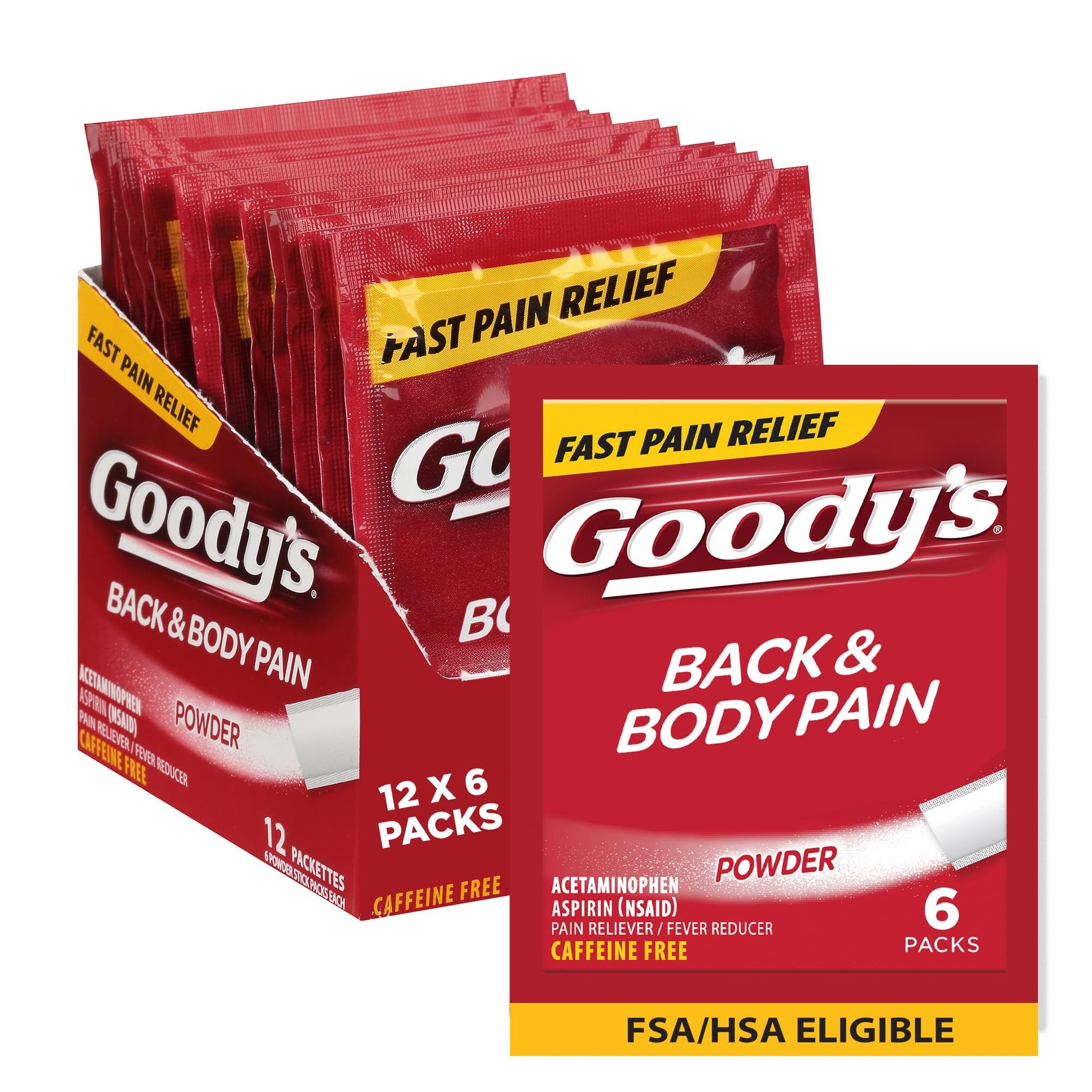 Goody's Body Ache & Back Pain Relief Powder, Dual Action with Acetaminophen & Aspirin, Caffeine-Free, 6 Count, Pack of 12 Goody's Au supplements
