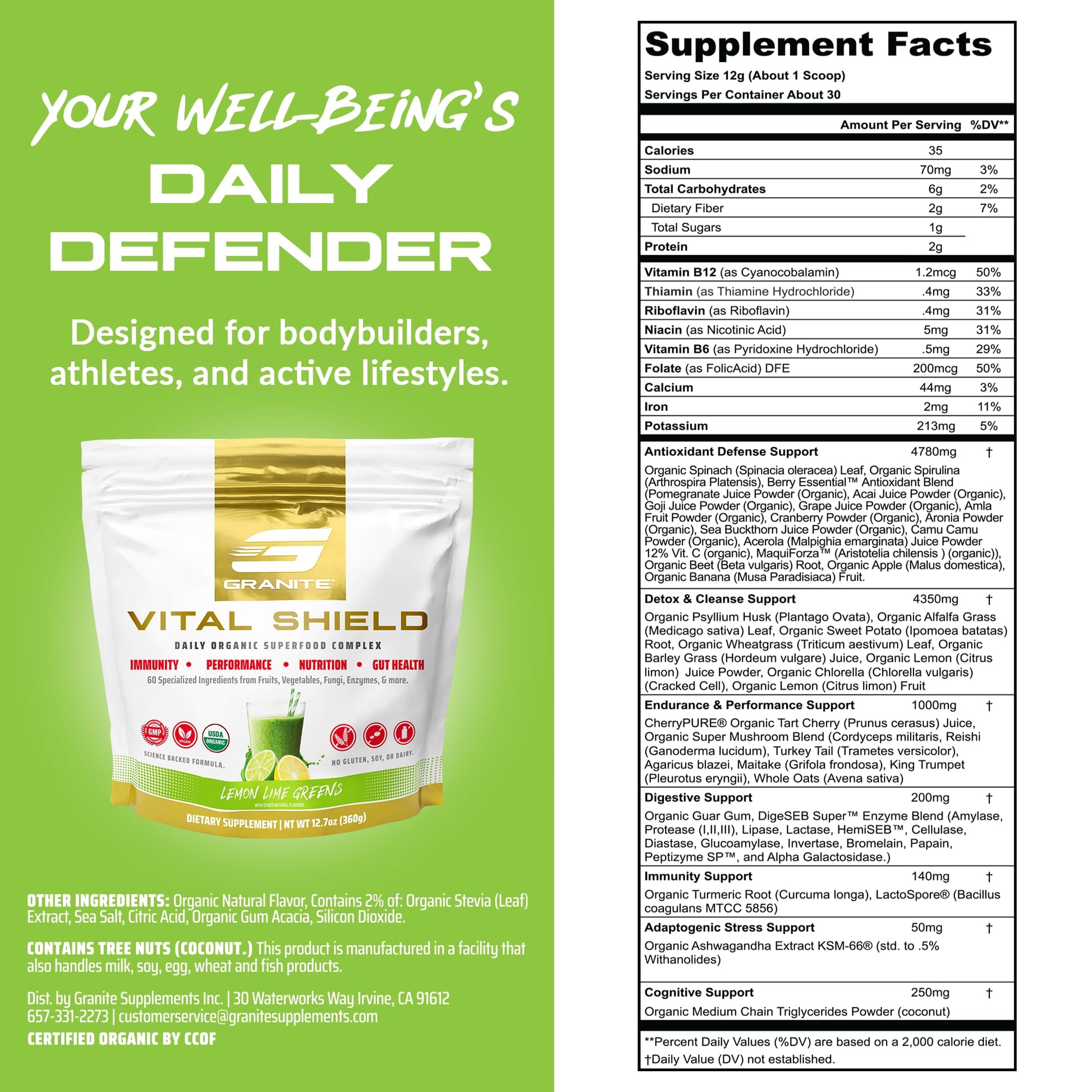 Granite Nutrition Vital Shield - USDA Organic Superfood Greens with Mushrooms & Tart Cherry – Supports Energy, Immune Function & Digestive Health – Lemon Lime Flavor (30 Servings) Granite Supplements Au supplements