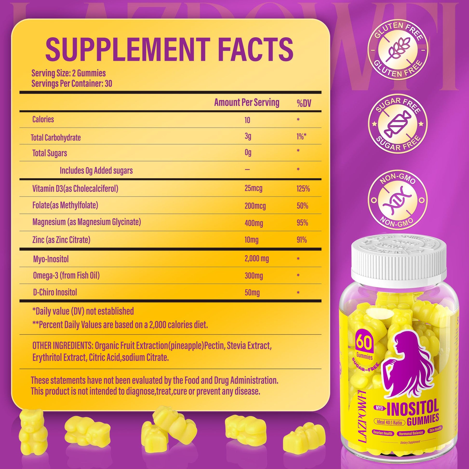 Lazpowfi Myo-Inositol & D-Chiro Inositol,Inositol Gummies with Vitamin D3, Magnesium Glycinate, Omega-3, Folate & Zinc, Inositol Supplement Menstrual Cycle for Women-40:1 Ratio-30 Day Supply Lazpowfi Au supplements