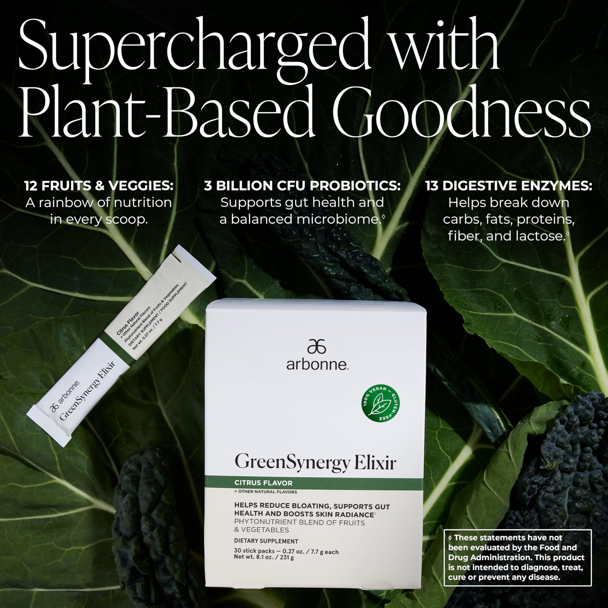 Arbonne GreenSynergy Elixir – Citrus-Flavored Greens Powder with 13 Digestive Enzymes, Vegan Collagen Builder, Probiotics, and Prebiotics – Supports Gut Health and Digestion – 30 Stick Packs Arbonne Au supplements