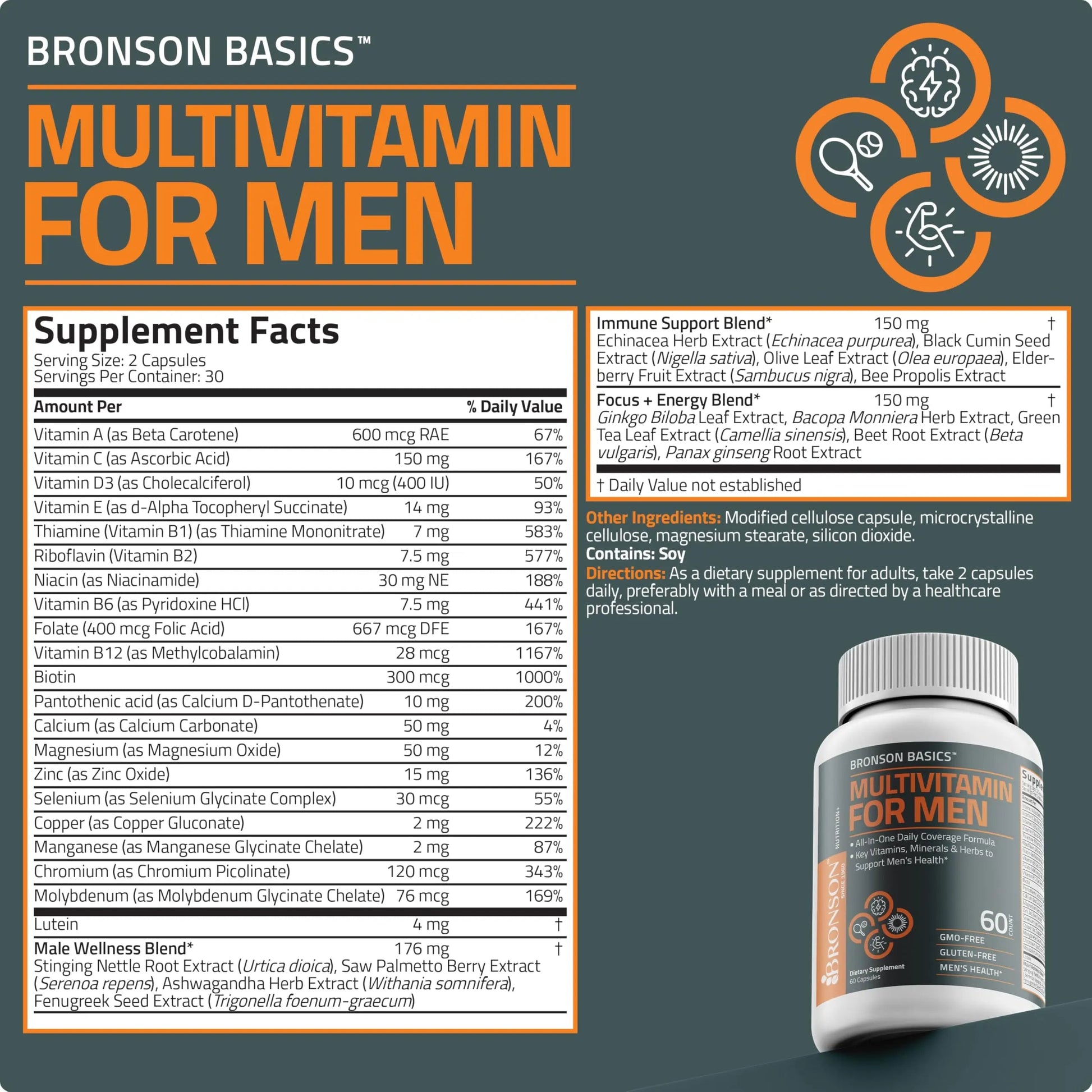 Bronson Multivitamin for Men All-in-One Daily Coverage Formula Key Vitamins, Minerals & Herbs to Support Men's Health, 60 Capsules Bronson Au supplements