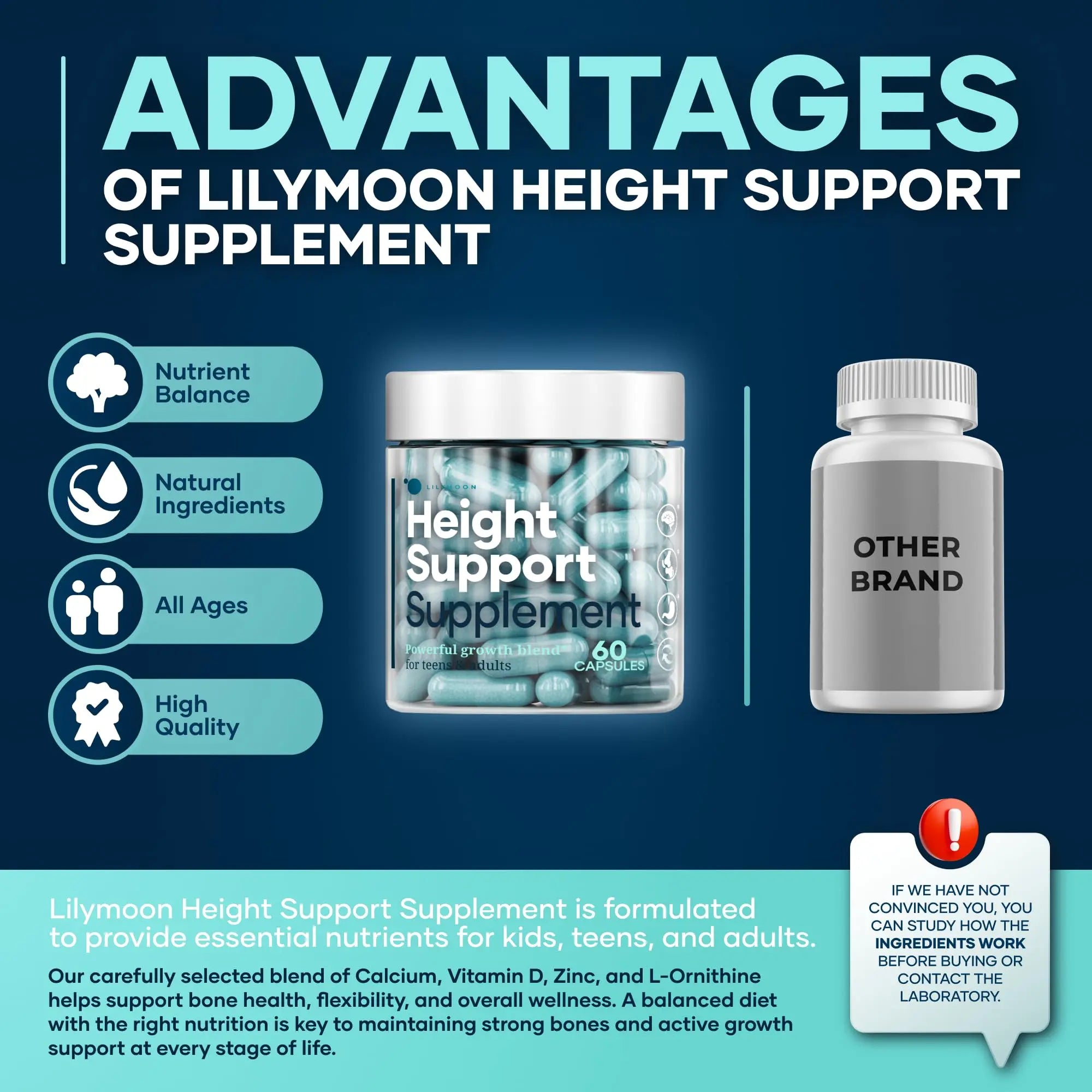 Height & Bone Support Supplement - Premium Height Growth Supplement for Kids & Teens with Calcium - Nutritional Support Bone Health Formula - Height Increase Essential Vitamins - 60 Caps LM LILYNUTRAMOON Au supplements