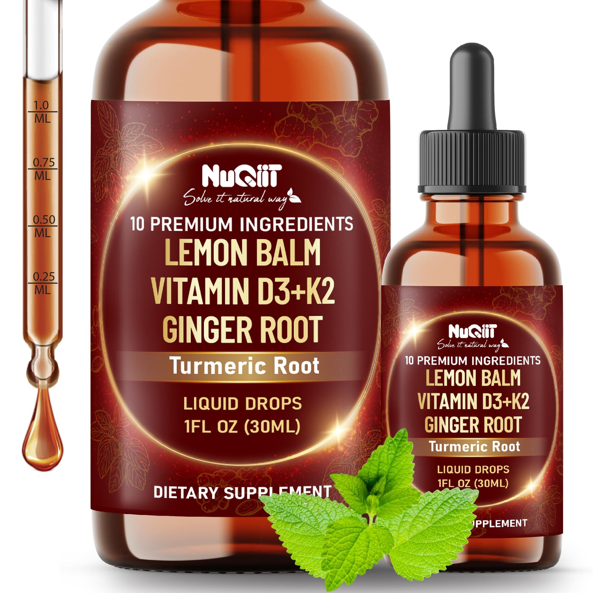 NUQIIT 10in1 Lemon Balm Tincture Blend Includes Vitamin D3, Vitamin K2, Lemon Balm, Ginger, Turmeric, Ceylon Cinnamon and More - 1 FL Oz - 60 Day Supply NUQIIT Au supplements