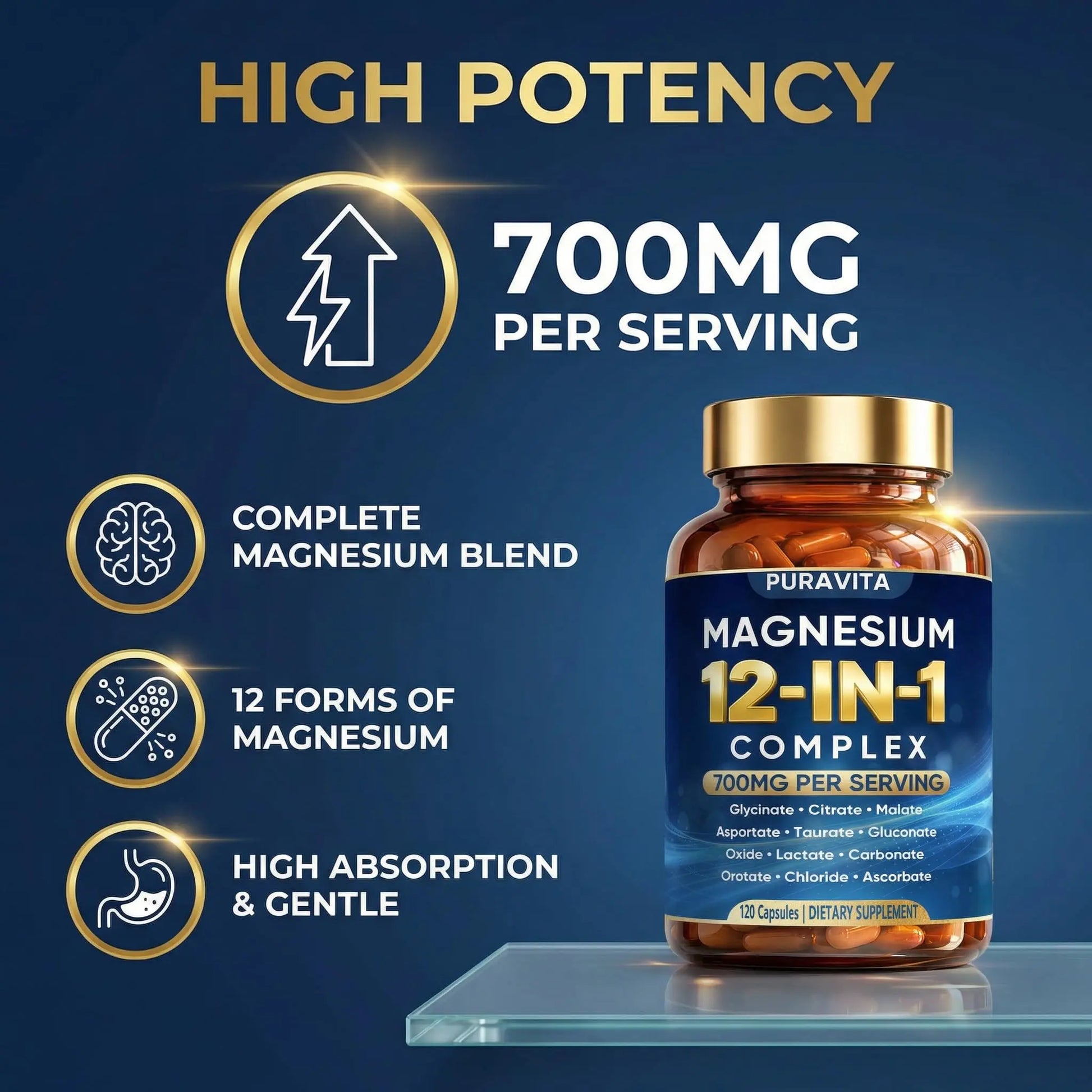 Puravita 12 in 1 Magnesium Complex Capsules - 700mg High Absorption Blend with Glycinate, Citrate, Malate, Oxide & Taurate. Supports Muscle Function, Nerve Health & Relaxation - 120 Capsules (1) PURAVITA Au supplements