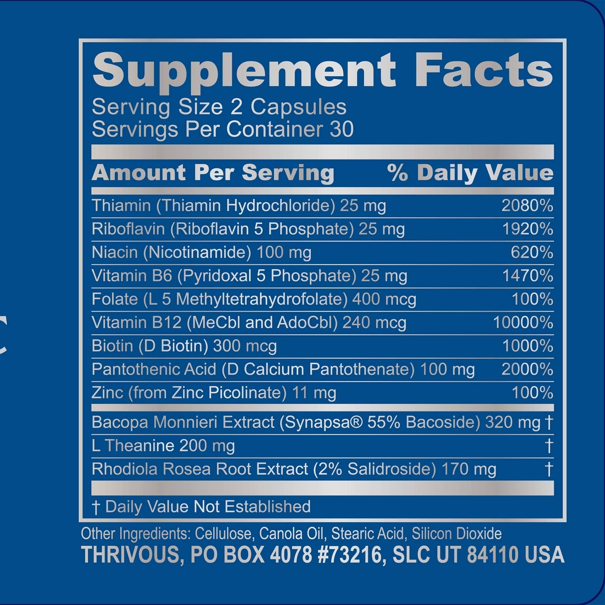 Thrivous Clarity Daily Nootropic – Cognitive Support & Mood Formula with Bacopa (Synapsa®), L-Theanine, Rhodiola Rosea, Vitamin B Complex & Zinc Picolinate – 60 Vegan Capsules Thrivous Au supplements