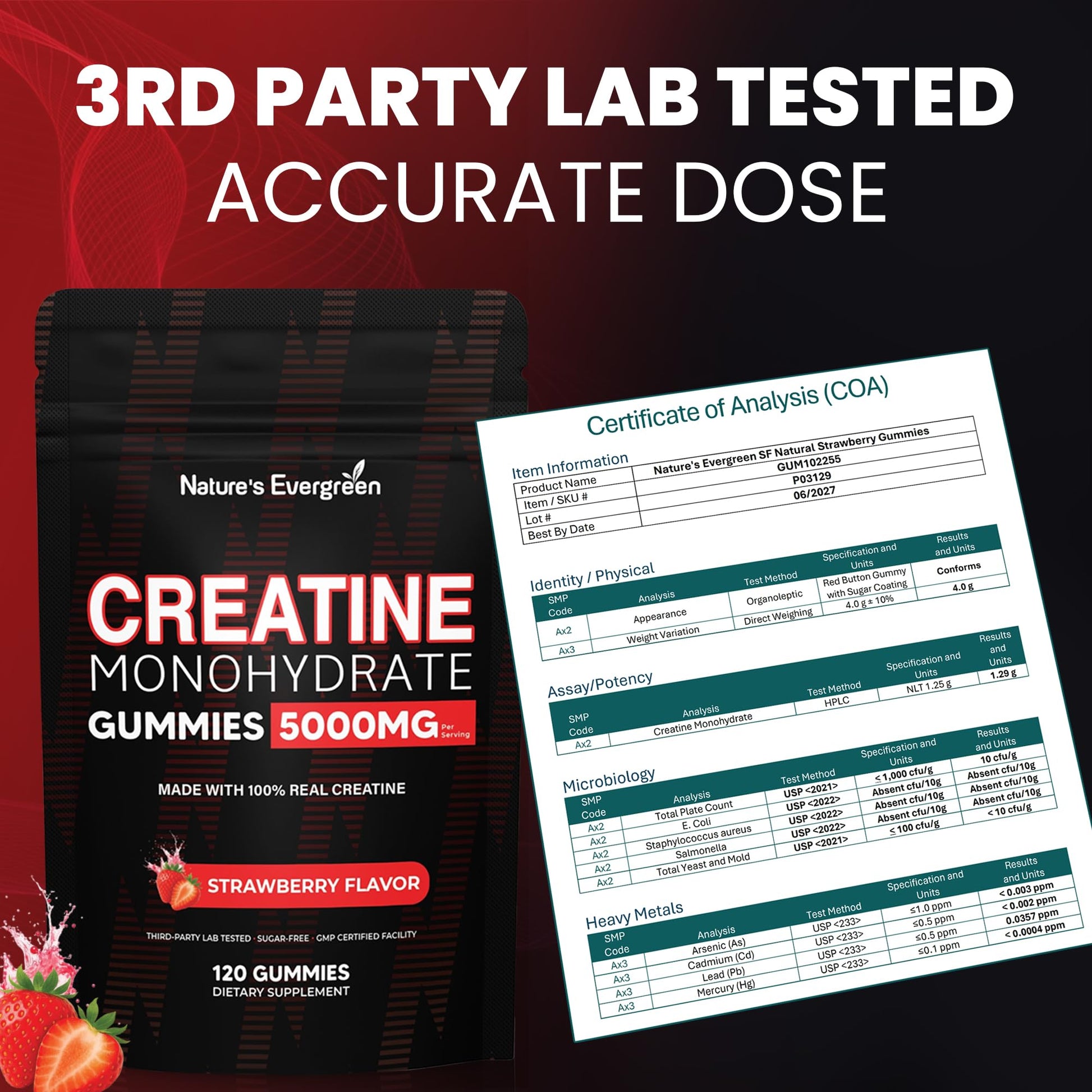 Creatine Monohydrate 5000mg Gummies, Pre-Workout 5g Creatine Gummy Supplement for Men & Women: Muscle Builder & Energy Boost, Sugar Free, Vegan, Strawberry Flavor, (120 Count) Made in USA Nature's Evergreen Au supplements