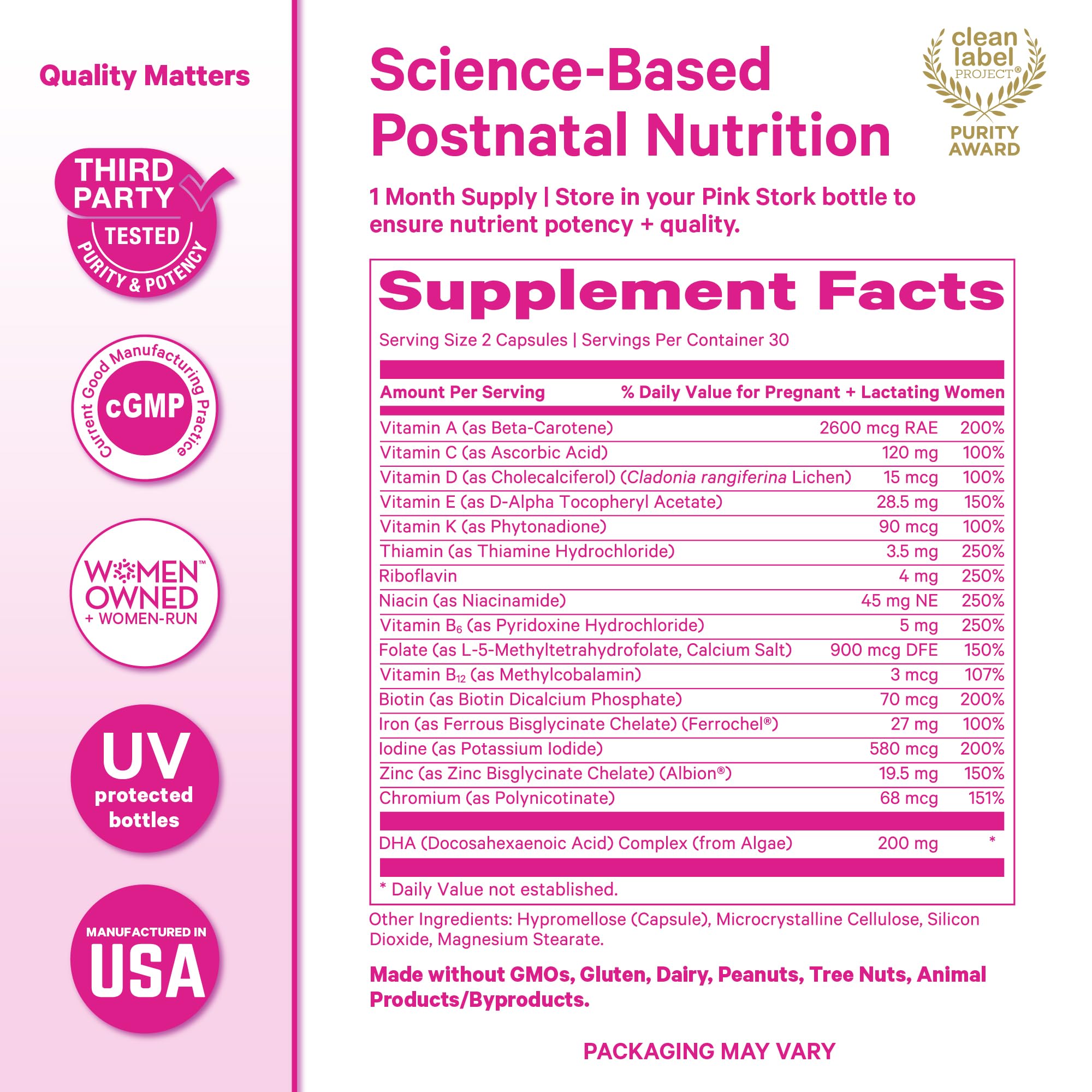 Pink Stork Total Postnatal Vitamins for Women | Vegan DHA, Iron, Folate, B12 | Postpartum Recovery Essentials | Lactation Support for Breastfeeding Moms | Third-Party Tested - 60 Capsules, Berry Pink Stork Au supplements