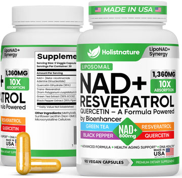 NAD+ Supplement, 1,360mg Max Strength Liposomal | Resveratrol, Quercetin, Green Tea | Cellular Energy & Healthy Aging for Men & Women | 800mg of 100% High Purity NAD+ for Energy, Focus - 90 Capsules Holistnature Au supplements