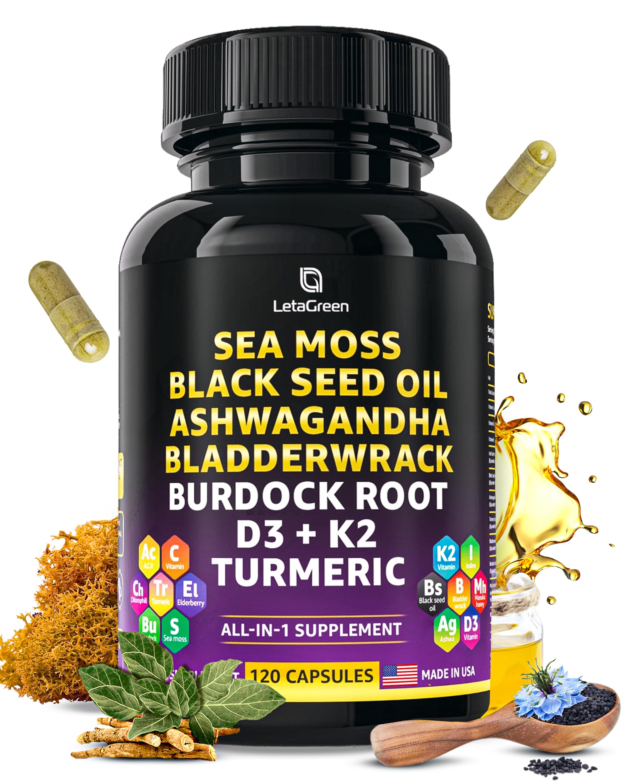LetaGreen Ocean Wild Sea Moss Capsules - 120 Black Seed Oil Sea Moss Pills LetaGreen Au supplements