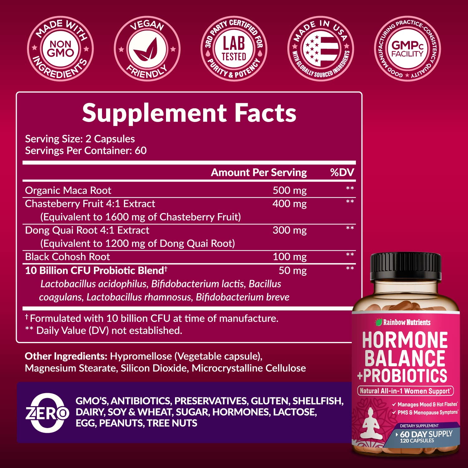Hormone Balance + Probiotics for Women (3450mg) Natural Relief for Menopause Rainbow Nutrients, LLC Au supplements