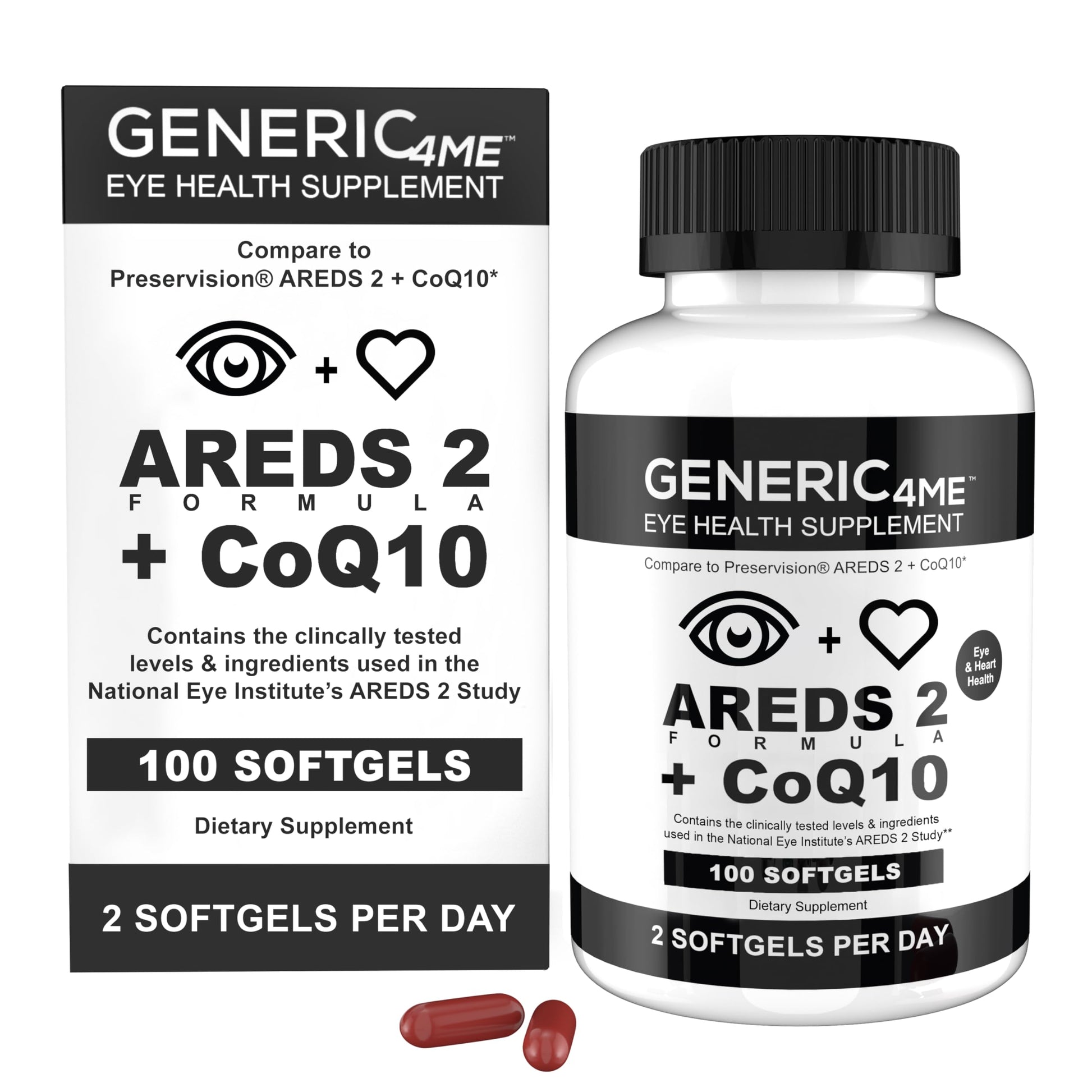 Generic4ME AREDS 2 SoftGels, 100 mg CoQ10 for Heart Health, 500 mg Vitamin C, 400 IU Vitamin E, 10 mg Lutein, 2 mg Zeaxanthin, 80 mg Zinc, 2 mg Copper - Supports Eye Health - 100 Mini SoftGels Generic4ME Au supplements