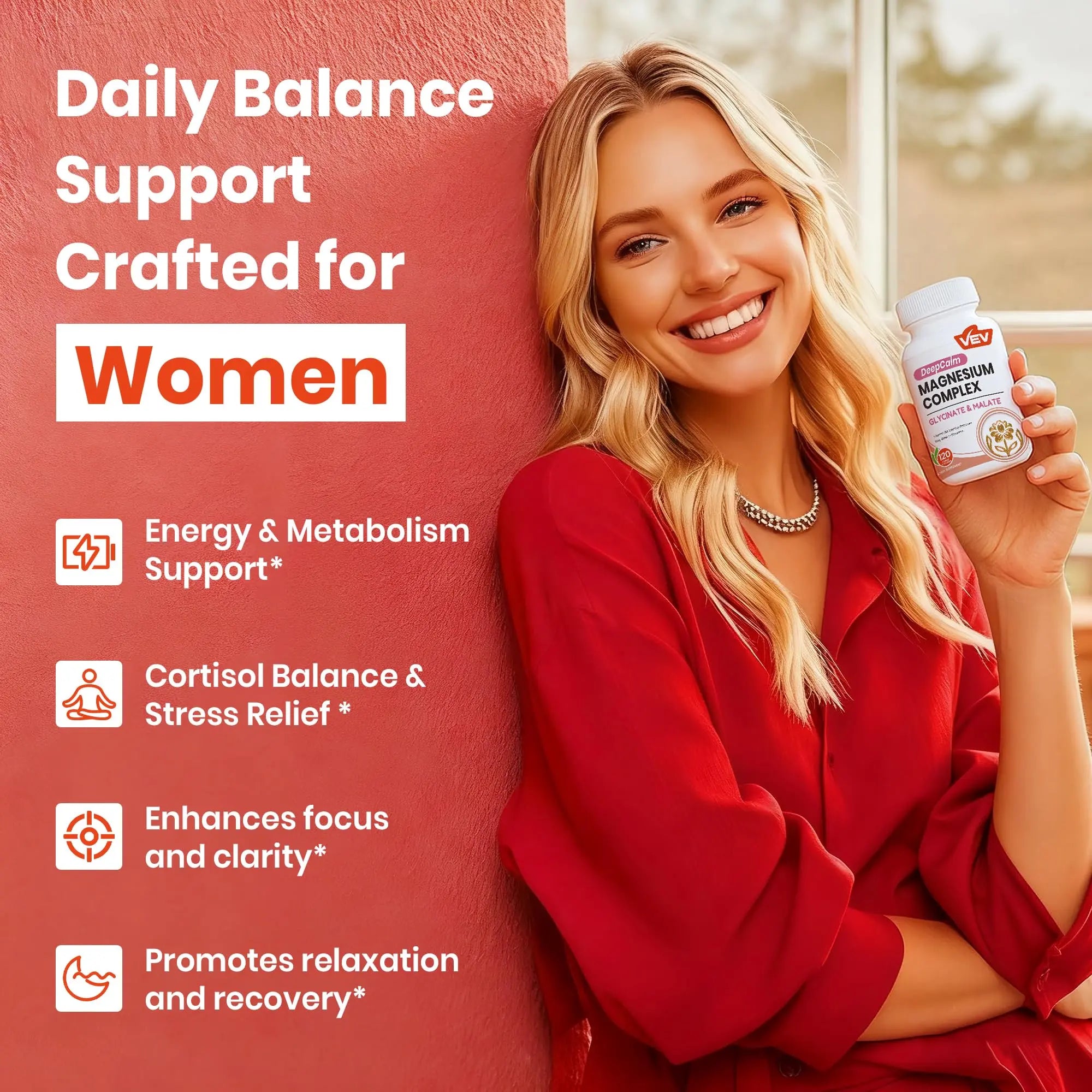 VEV Deep Calm Magnesium Complex for Women – Glycinate, Malate, B6, L-Theanine & Holy Basil – Support for Daily Magnesium & Stress Relief – 120 Vegan Capsules VEV Au supplements