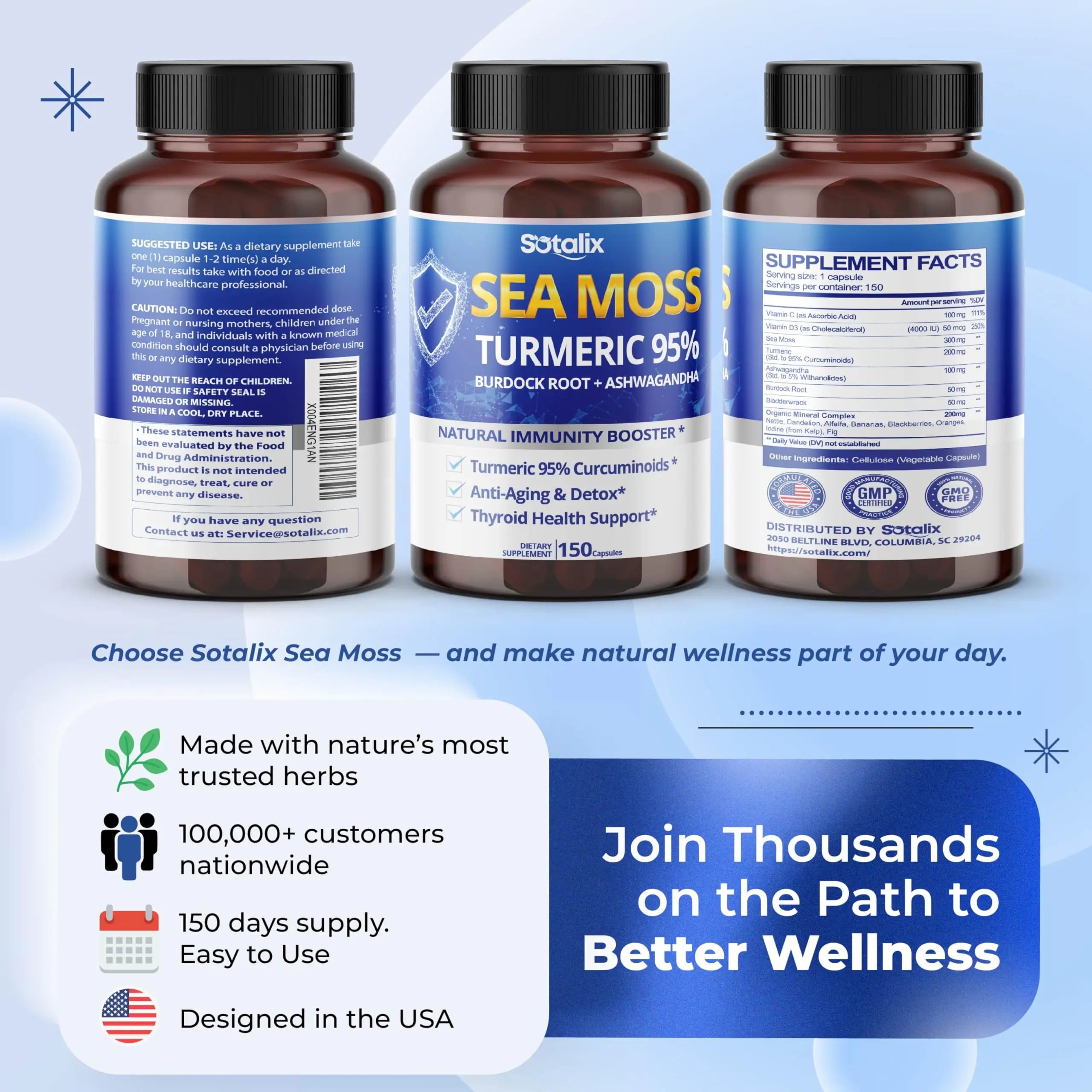 Sotalix Sea Moss Capsule with Ashwagandha, Burdock Root, Bladderwrack, Turmeric - Powerful Natural Immunity Booster (150 Count (Pack of 1)) SOTALIX SUPPLEMENT Au supplements