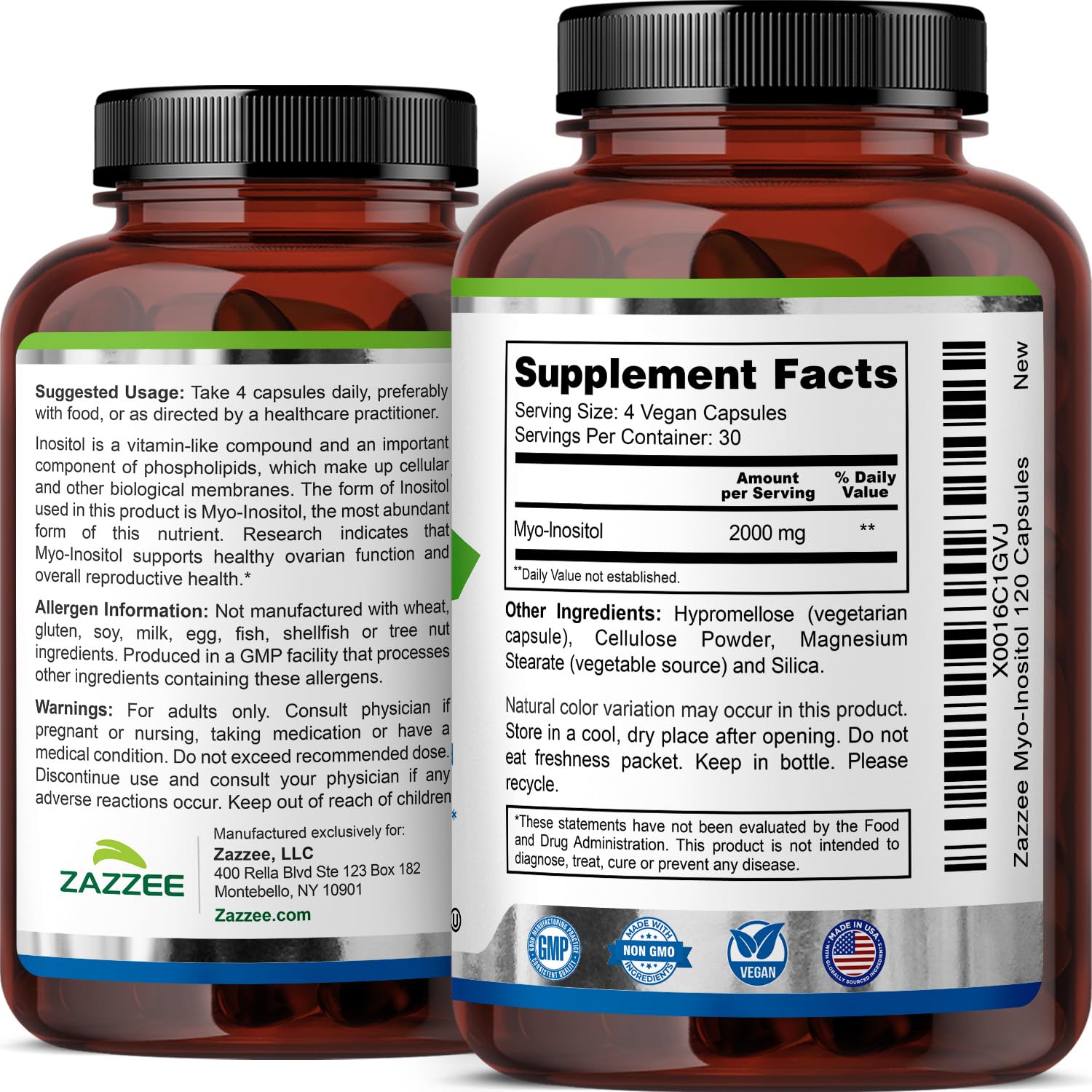 Zazzee Myo-Inositol Capsules, 2000 mg per Serving, 120 Vegan Capsules, Ideal Dosage for 40:1 Ratio, Certified Kosher, Hormone Balance & Healthy Ovarian Function Support, Non-GMO, Made in The USA Zazzee Au supplements