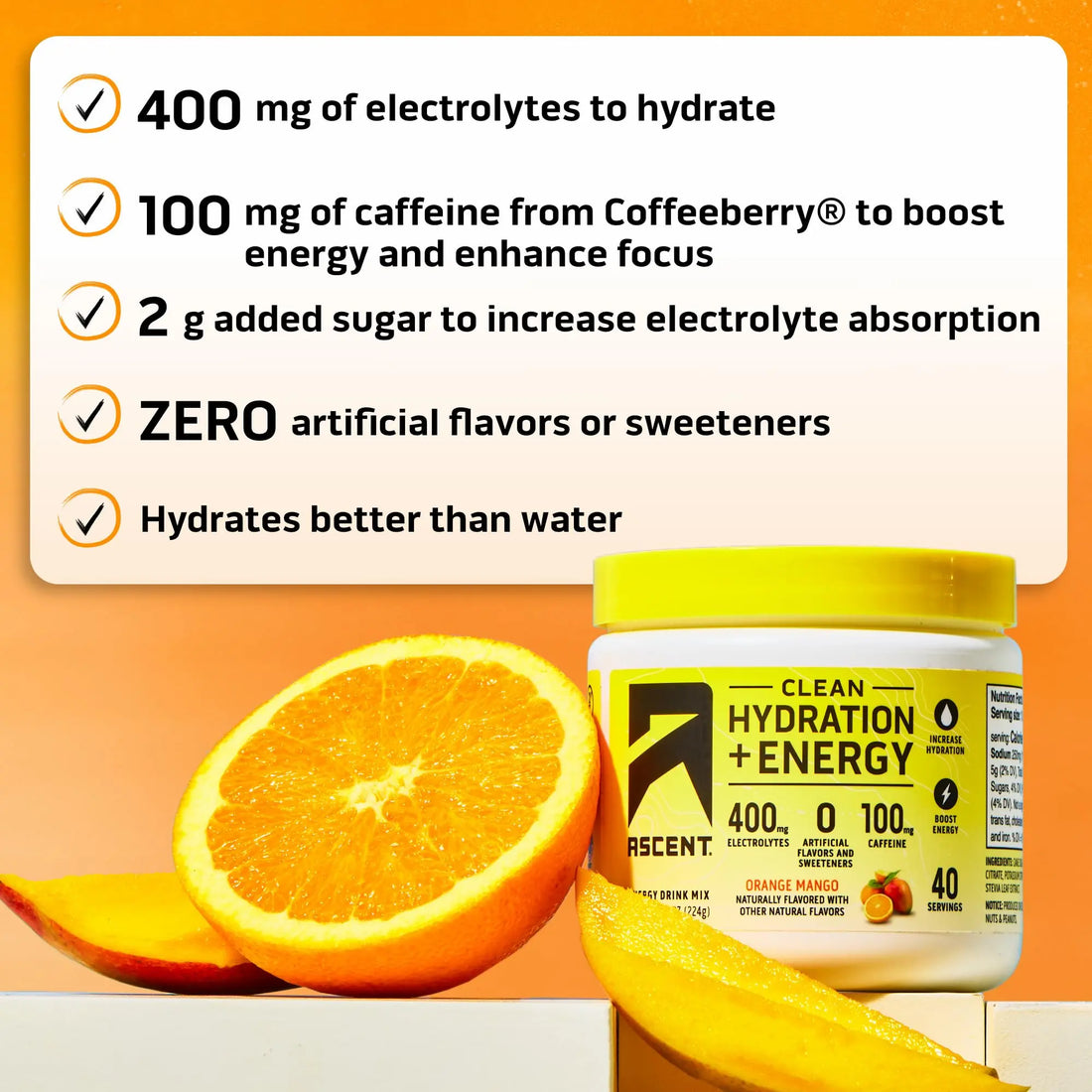 Ascent Clean Hydration + Energy Electrolytes Powder - 100mg Caffeine, 400mg Electrolytes, No Artificial Ingredients, Orange Mango 40 Servings Ascent uk supplements