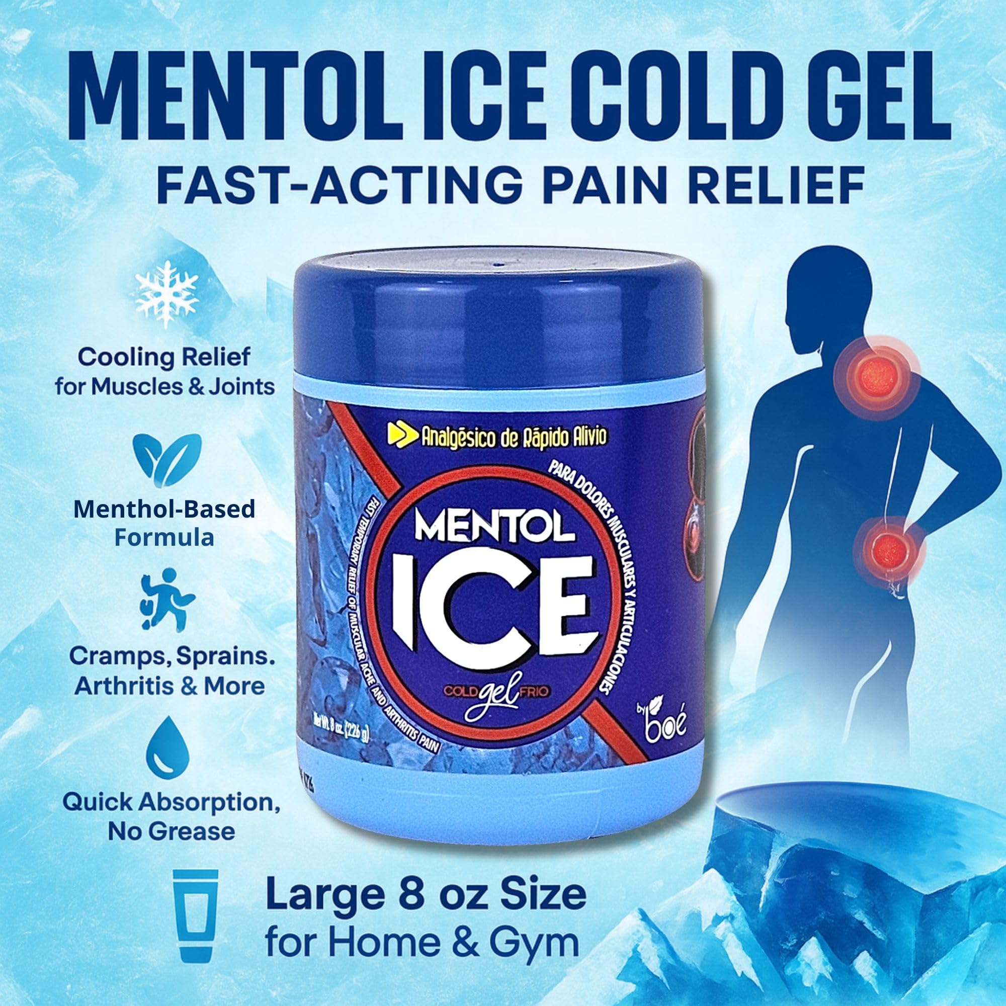 Mentol Ice Cold Gel – 8 oz Pain Relief Gel for Muscles & Joints – Fast-Acting Analgesic for Arthritis, Back Pain, Cramps, Sprains & Headaches – Non-Greasy & Quick Absorption BOÉ COSMETICS Au supplements