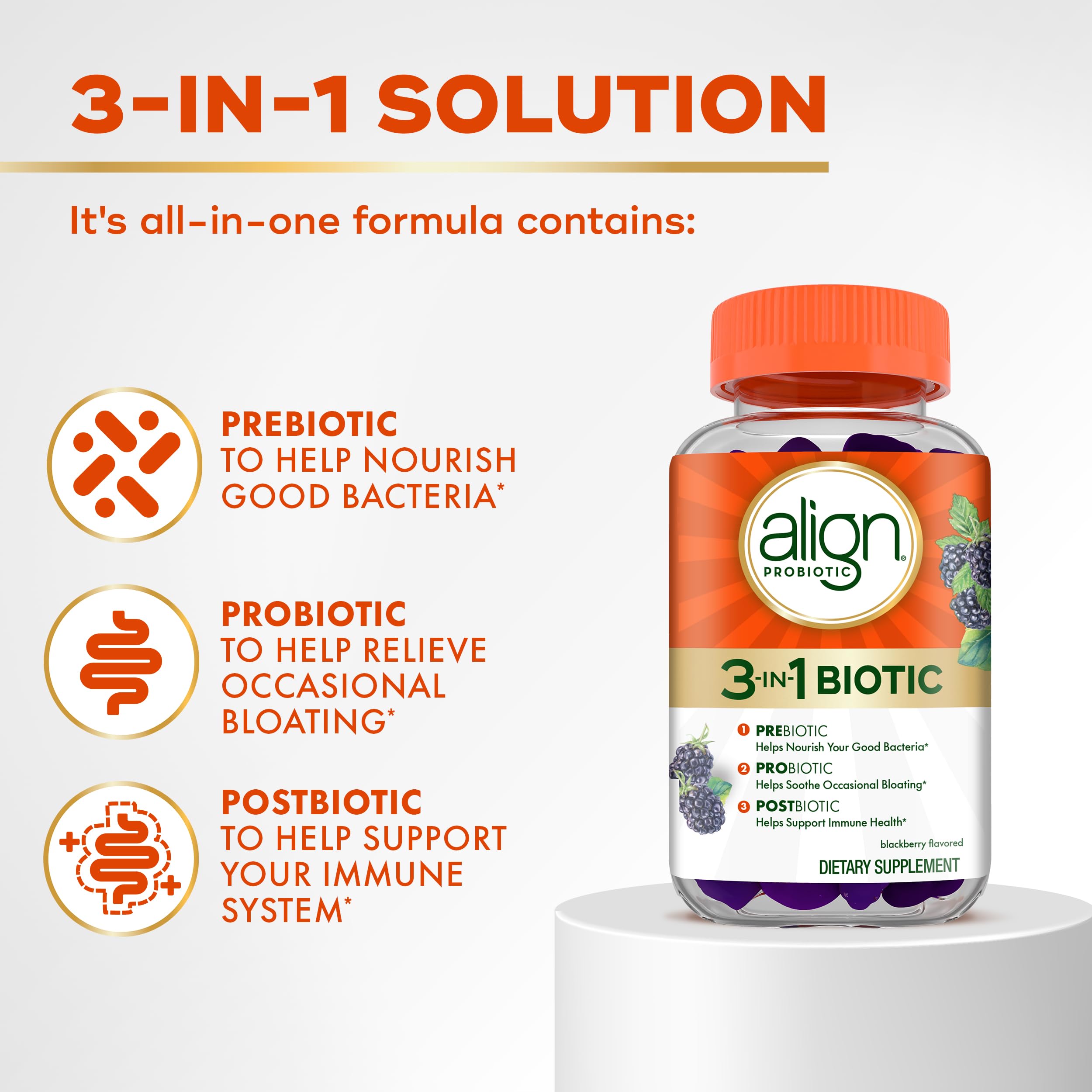 Align Probiotic, 3-in-1 Biotic Gummies, Prebiotic + Probiotic + Postbiotic, #1 Doctor Recommended Probiotic Brand‡, Helps Relieve Occasional Bloating*, BlackBerry Flavor, 50 Gummies Align Au supplements