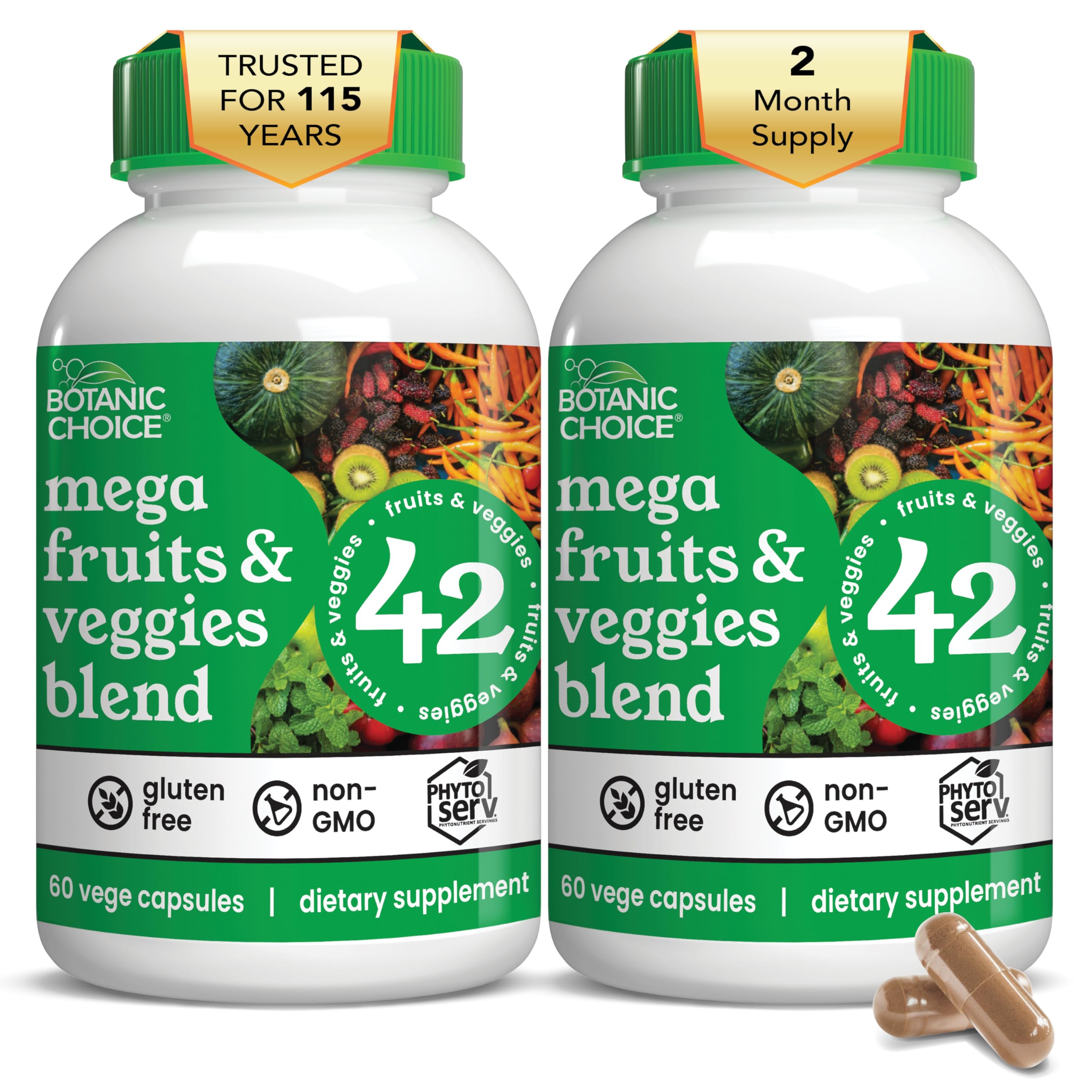Botanic Choice Since 1910 - Mega Fruits & Veggies Blend - 42 Fruits and Vegetables - 2 Caps Daily - 60 Count Supplement - 2 Pack Botanic Choice Au supplements