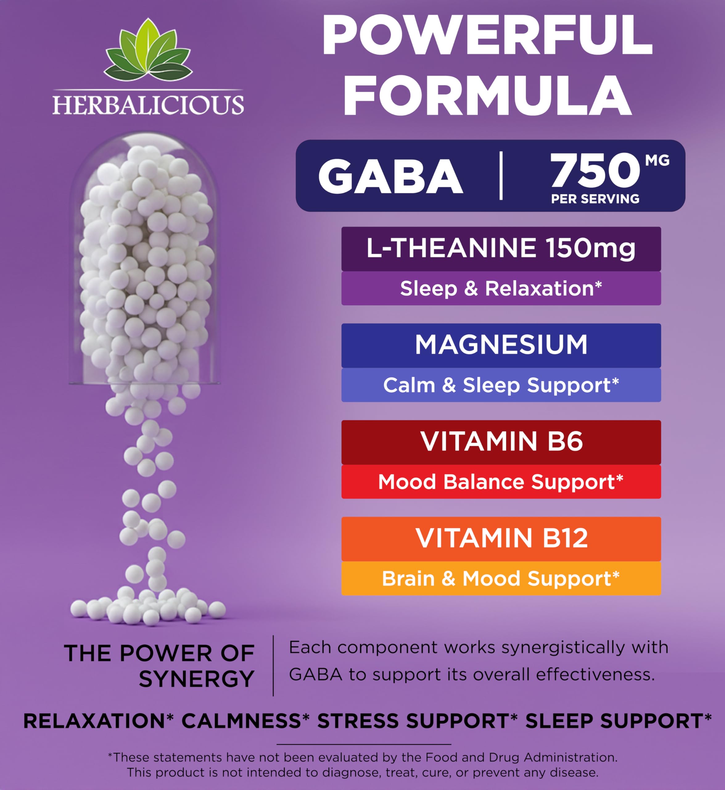 HERBALICIOUS GABA L-Theanine with Magnesium – Calm & Focus Support, Stress Relief, Relaxation + Mood Balance, Brain & Memory Support Supplement – Vitamin B6 + B12 Complex – 120 Capsules HERBALICIOUS Au supplements