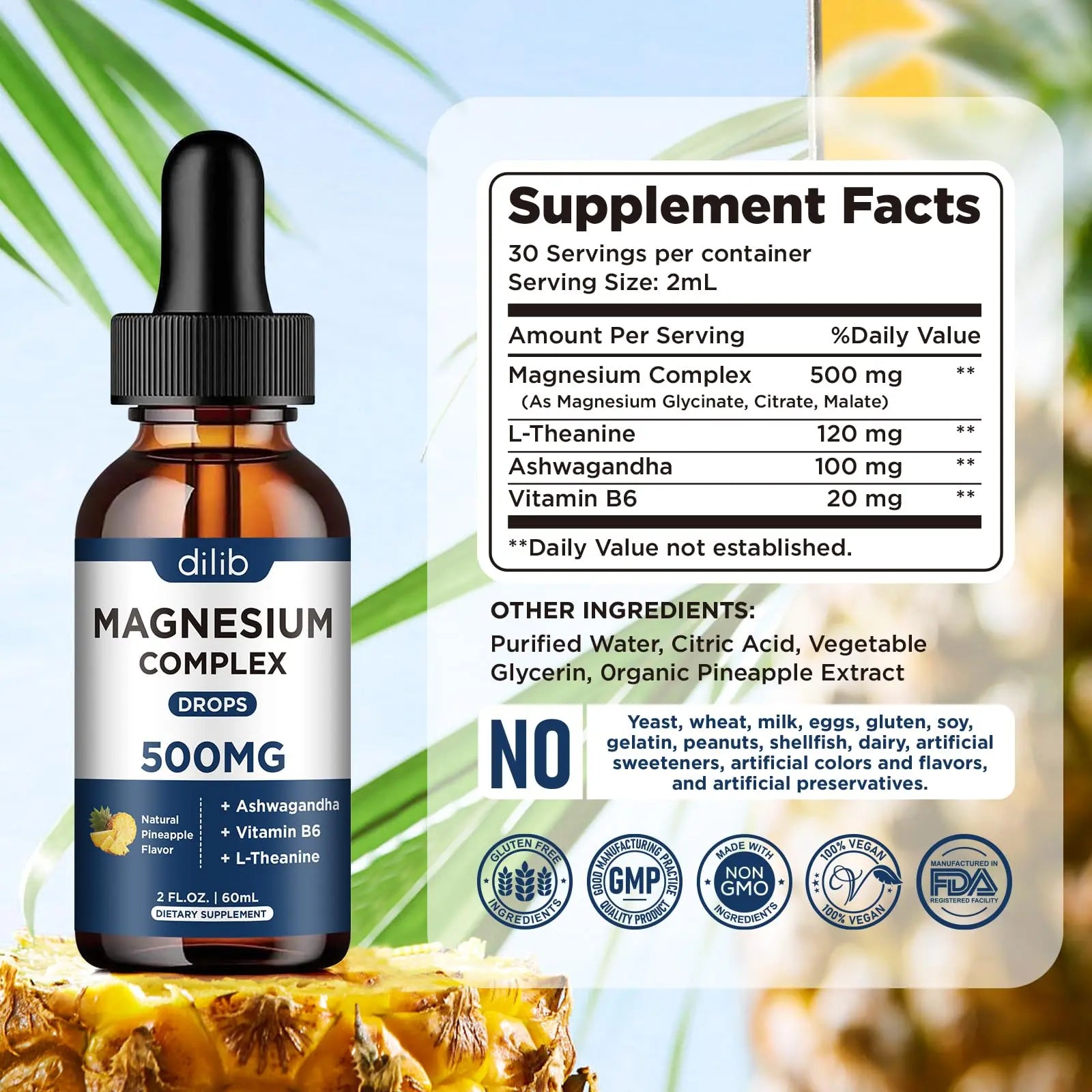 Triple Magnesium Complex Supplement-Magnesium Glycinate, Citrate, Malate Liquid Drops 500mg with Ashwagandha, L-Theanine, Vitamin B6 for Calm, Stress Relief, Sleep, Muscle Support-Pineapple Flavor dilib Au supplements