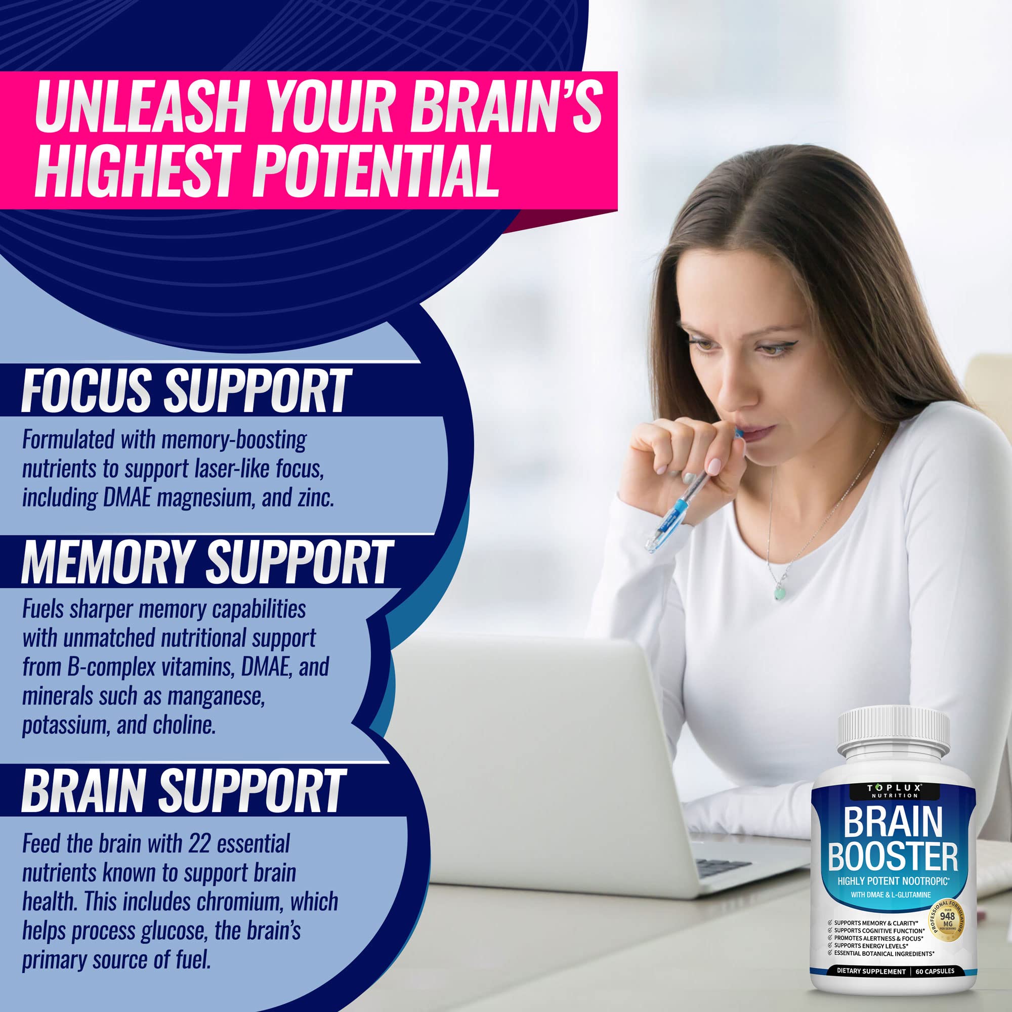 Toplux Brain Supplement Nootropic – Brain Pills Vitamin with DMAE, Bacopa Monnieri, L-Gutamine, for Men Women, 60 Capsules, Nutrition Toplux Au supplements