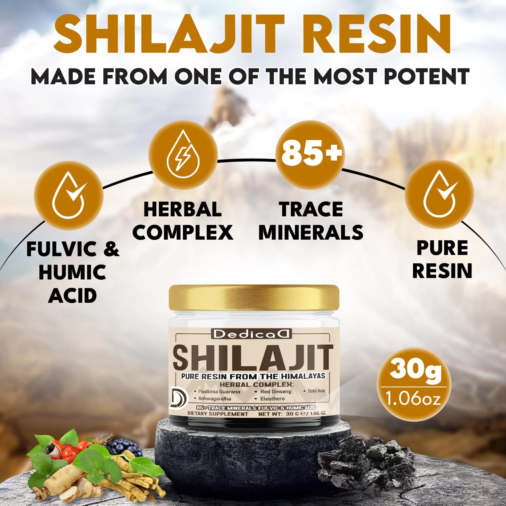 DEDICAD 30g Shilajit Resin with Herbal Complex - Paullinia Guarana, Gotu Kola Leaf & More - Shilajit Pure Himalayan Organic for Immune System, Energy Production, Brain Health & Stamina DEDICAD Au supplements