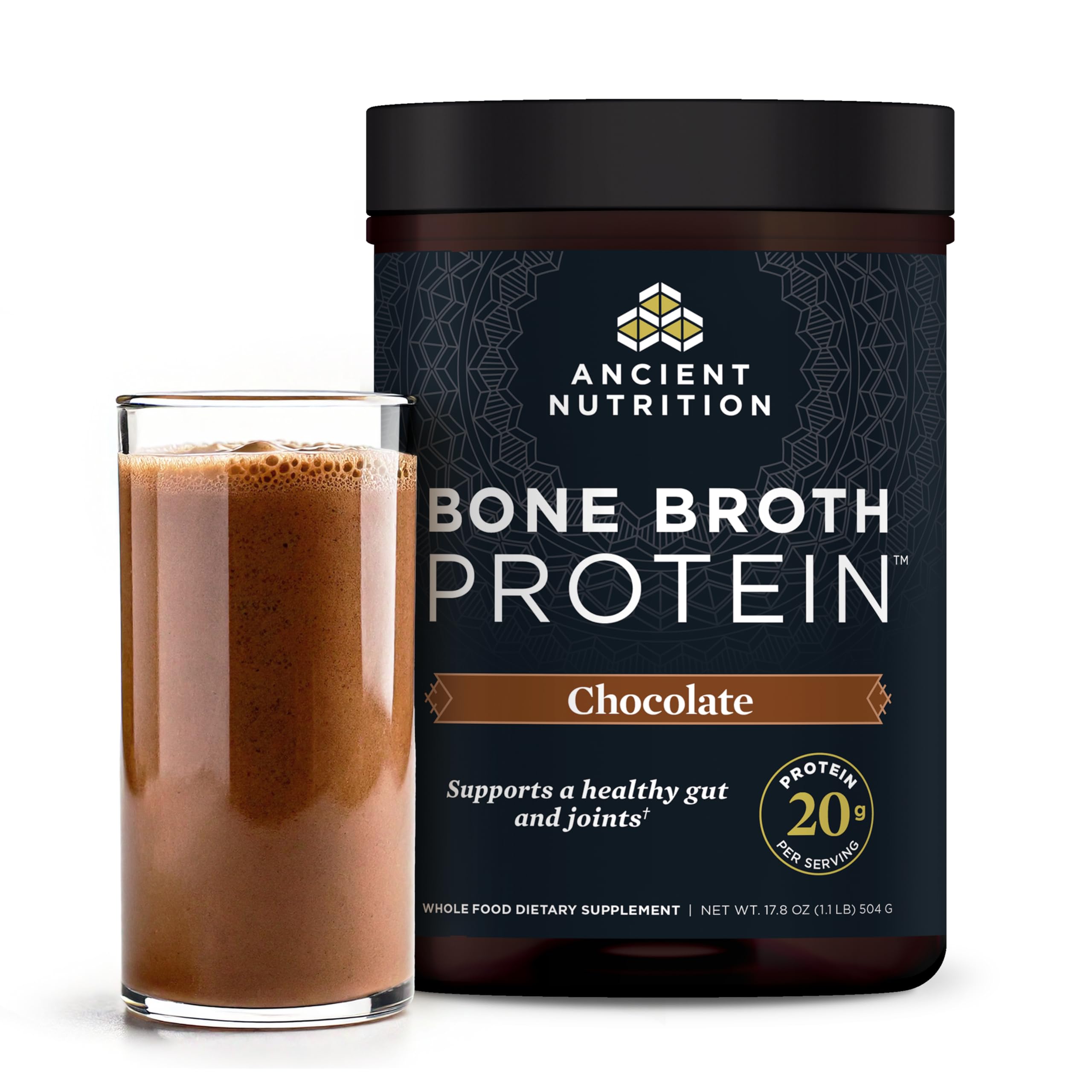 Ancient Nutrition Protein Powder Made from Real Bone Broth, Chocolate, 20g Protein Per Serving, 20 Serving Tub, Gluten Free Hydrolyzed Collagen