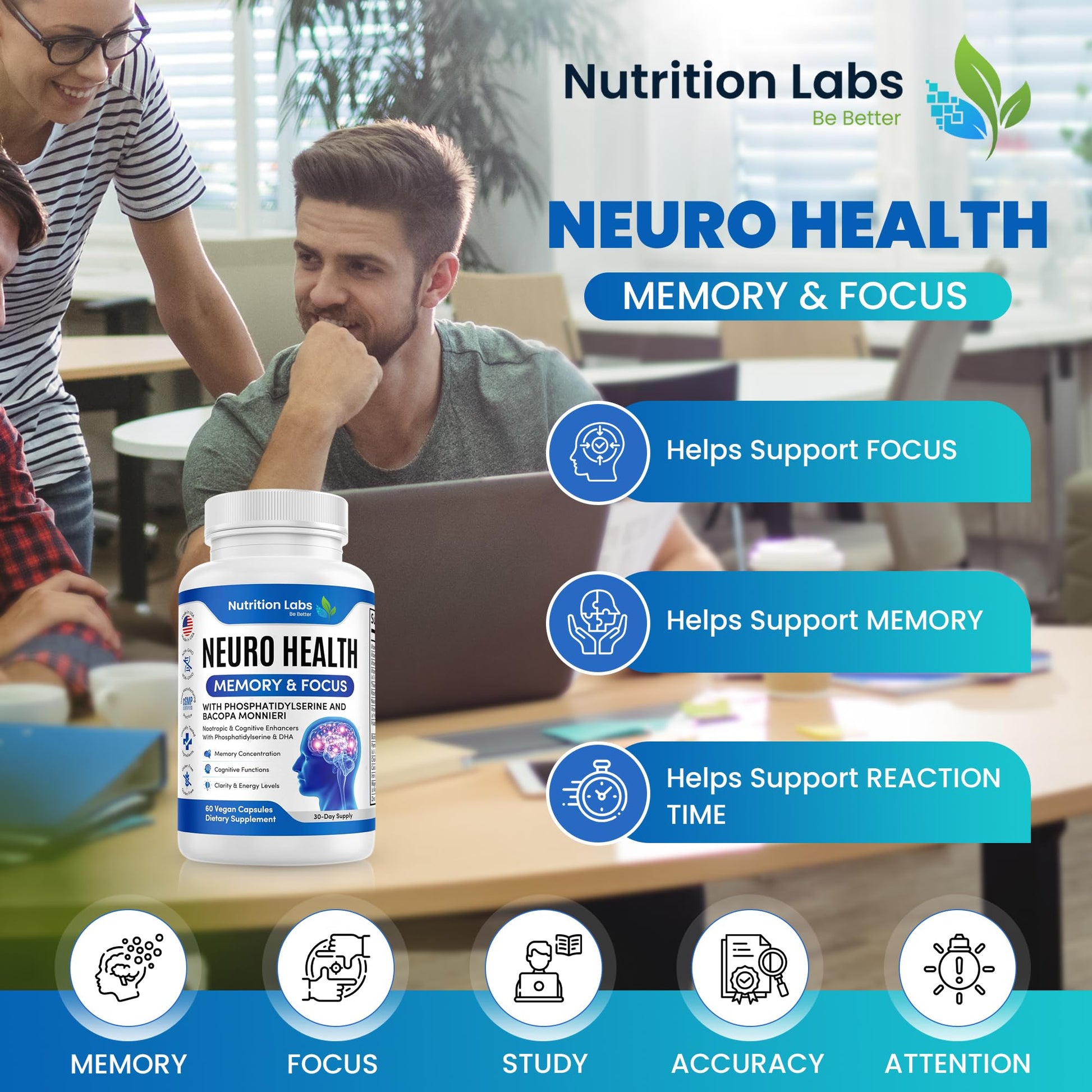 Nootropic & Neuro Brain Supplement for Memory & Focus Support. Clinically Tested Vitamins for Mental Support & Cognitive Clarity W/Bacopa Monnieri, VIT A, B6, Riboflavin, Niacin, Thiamin & Folate NUTRITION LABS BE BETTER Au supplements