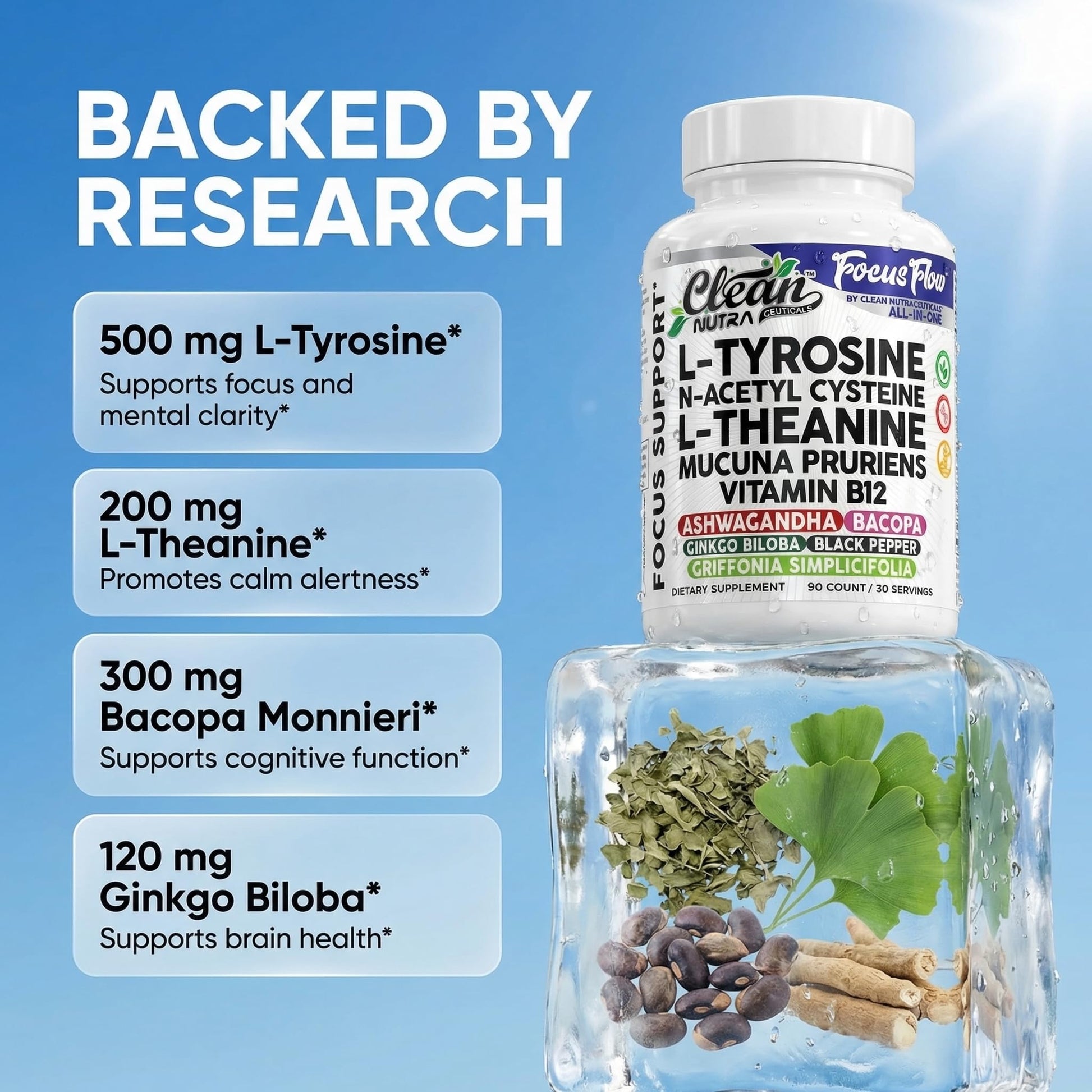 Focus Flow L-Tyrosine Vitamin B C D L-Theanine Ashwagandha Ginkgo Biloba Vitamin B12 Thiamine Black Pepper N-Acetylcysteine Mucuna Pruriens 90 Count Capsules by Clean Nutra Clean Nutraceuticals Au supplements