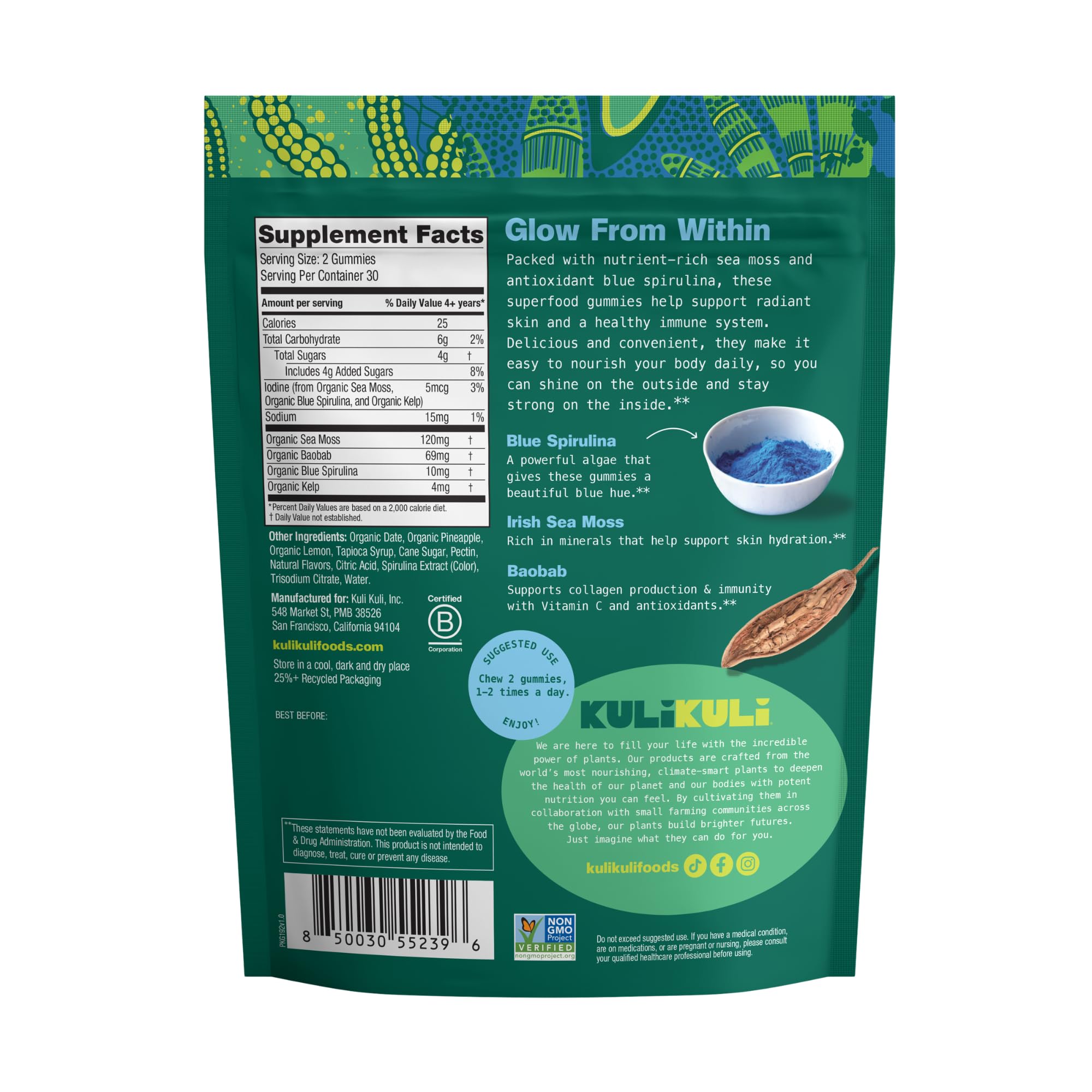 Kuli Kuli Sea Moss & Blue Spirulina Superfood Gummies - Pineapple Colada Flavor, 60 Count - Plant-Based Irish Sea Moss with Baobab & Vitamin C for Skin Glow, Immune Support & Collagen (1 Month Supply) Kuli Kuli Au supplements