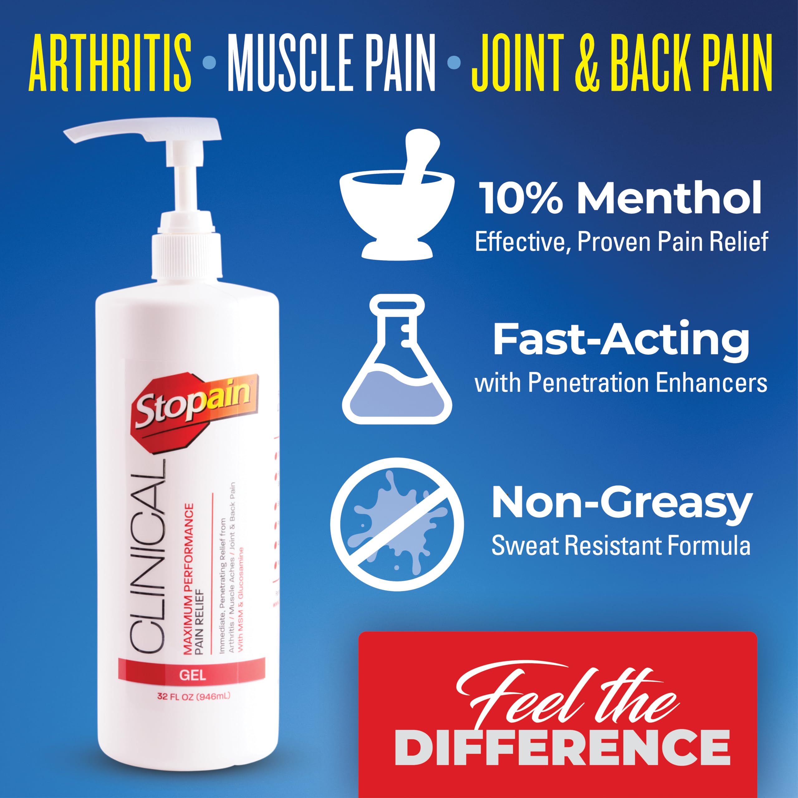Stopain Clinical Pain Relief Gel 32 oz - Professional Formula for Arthritis, Knee, Back & Muscle Pain - Maximum Strength Gel for Joint & Nerve Pains with 10% Menthol Plus Glucosamine - Made in USA Stopain Au supplements