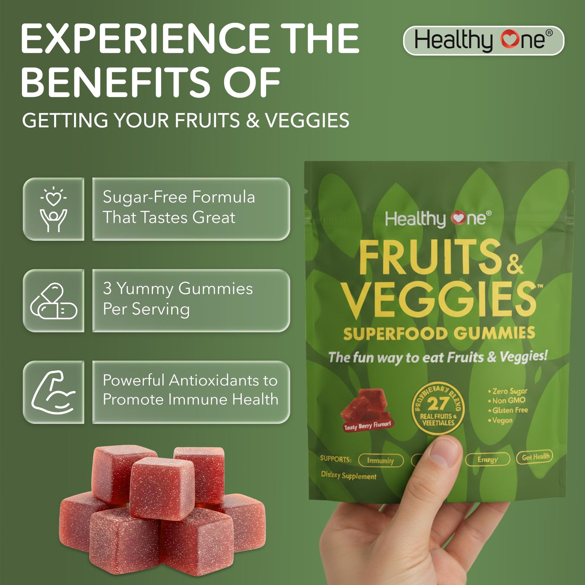 Fruits & Veggies Sugar-Free Gummies - 27 Whole Foods - Equals 3 Servings of Fruits & Vegetables - Improve Energy, Focus & Immune Function - Fiber - Antioxidants - Organic Ingredients - 28 Packets Healthy One Au supplements