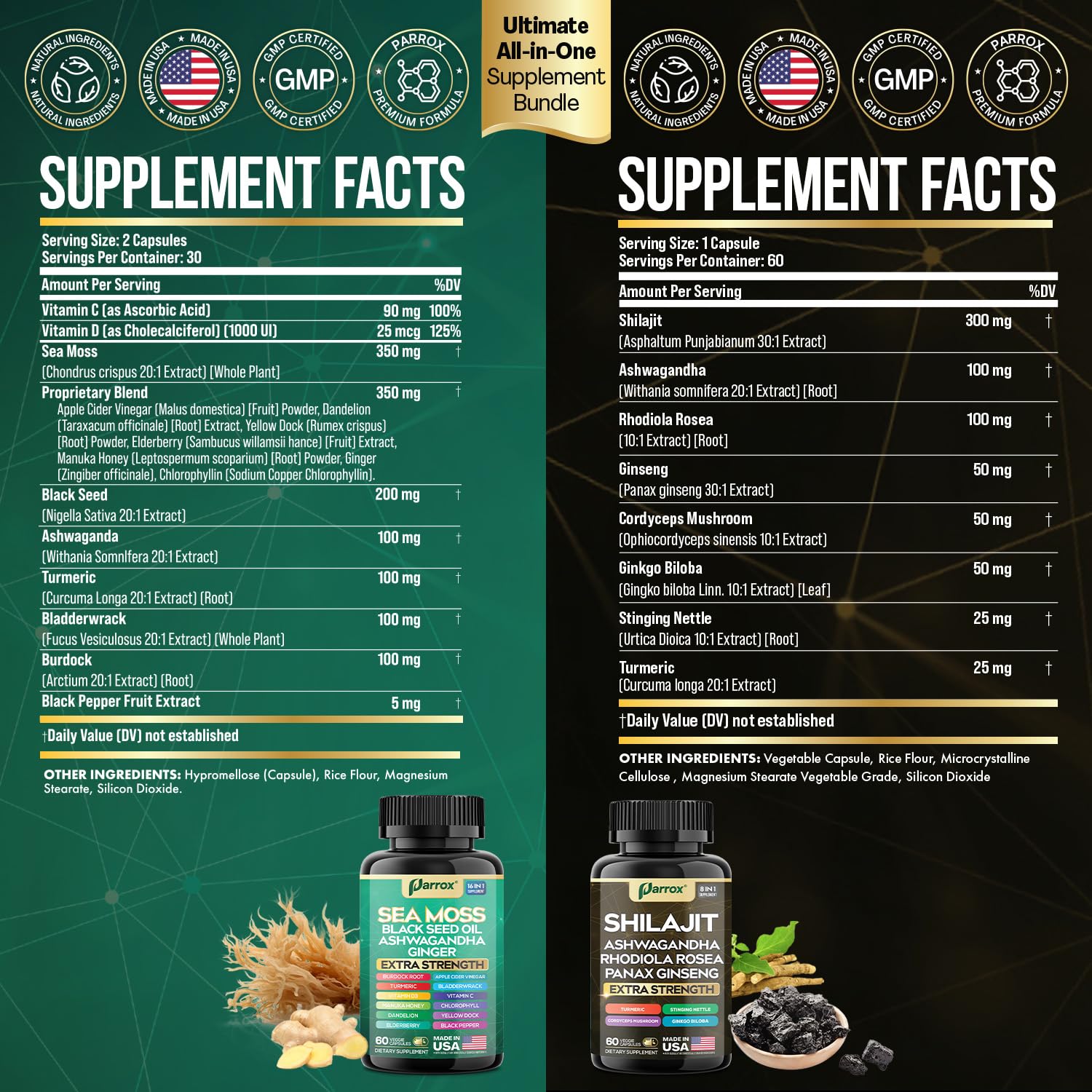 Parrox Shilajit and Sea Moss Bundle, Sea Moss 350mg, Black Seed Oil 200mg, Ashwagandha 100mg, Turmeric, Shilajit 300mg, Rhodiola Rosea 100mg, Panax Ginseng 50mg, Dynamic Vitality Bundle (2 Pack) Parrox Au supplements