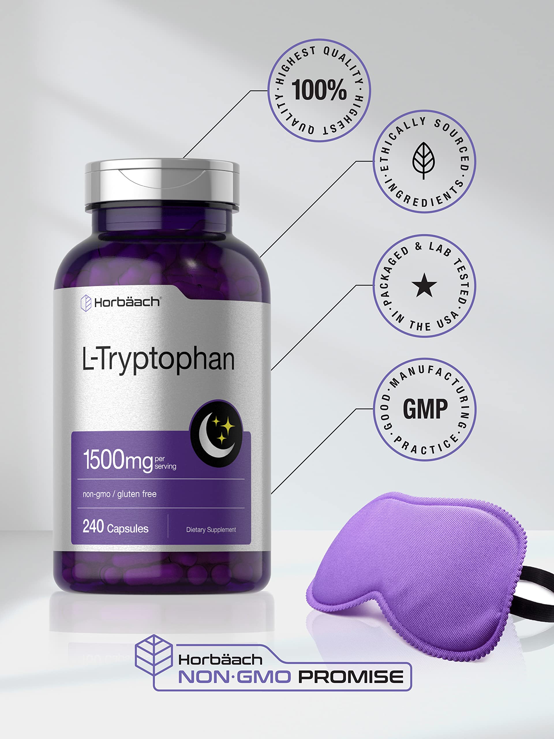 L Tryptophan 1500mg Capsules | 240 Count | Nighttime Formula | Non-GMO, Gluten Free Horbäach Au supplements
