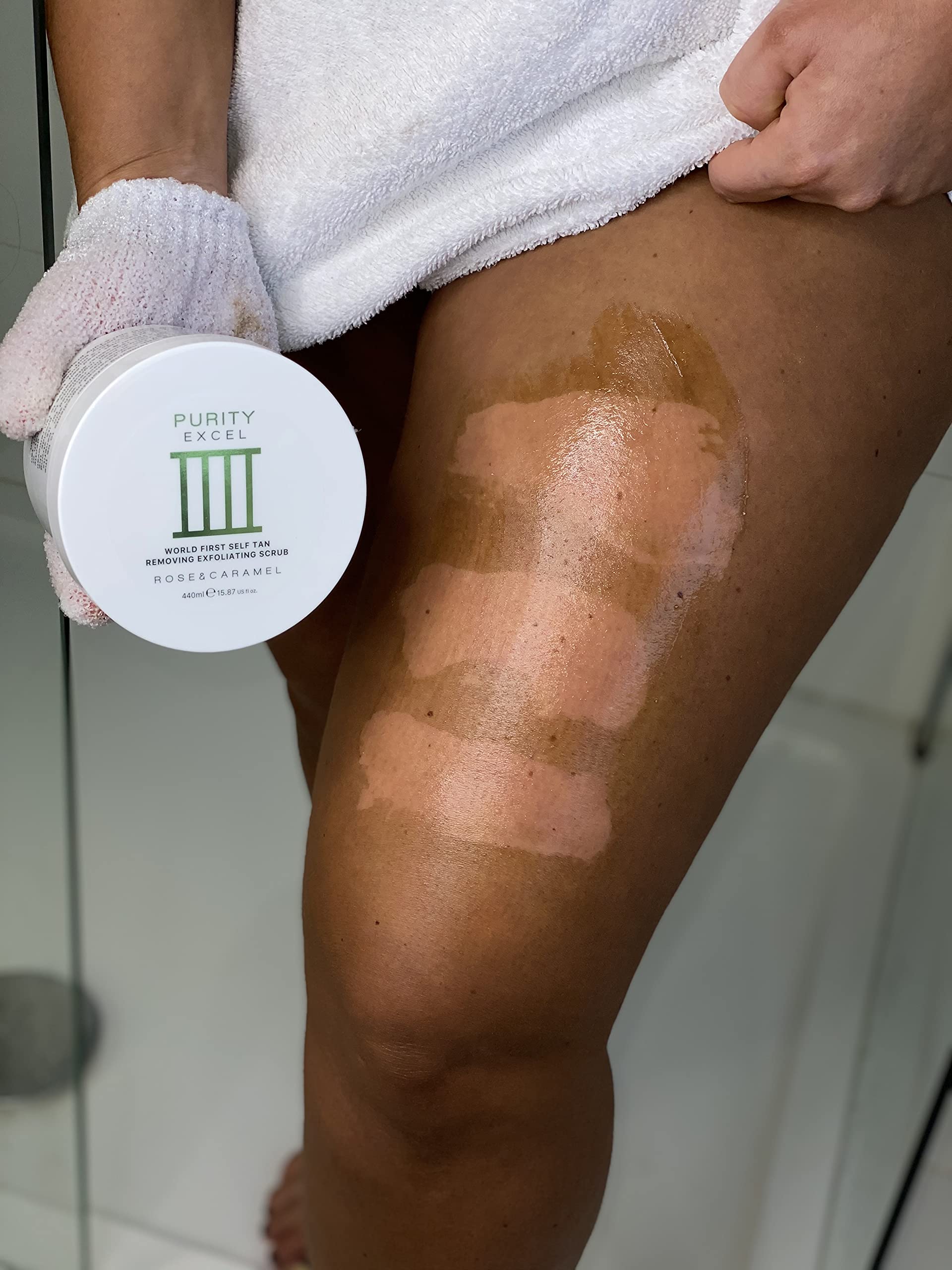 Rose & Caramel Purity Excel 60 Second Miracle Express Self Tan Remover & Exfoliating Tan Eraser Body Scrub 14.89 Fl Oz (440ml)