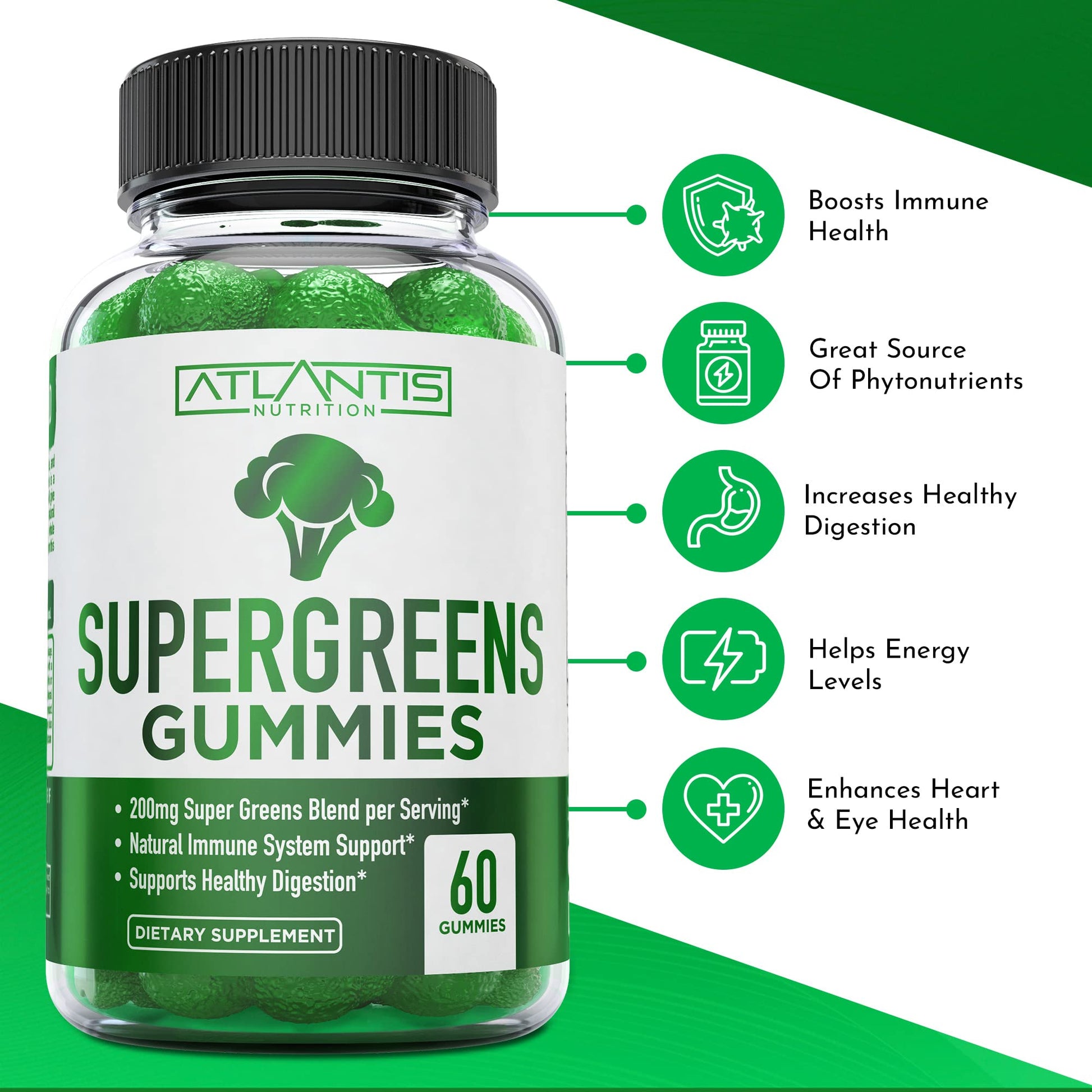 Atlantis Nutrition Supergreens Gummies - Daily Green Superfoods Supplement with Spinach, Broccoli, Moringa, Beet Root, Celery, Green Tea, & Acai for Immunity Support - Natural Raspberry Flavor, 60 cnt Atlantis Nutrition Au supplements