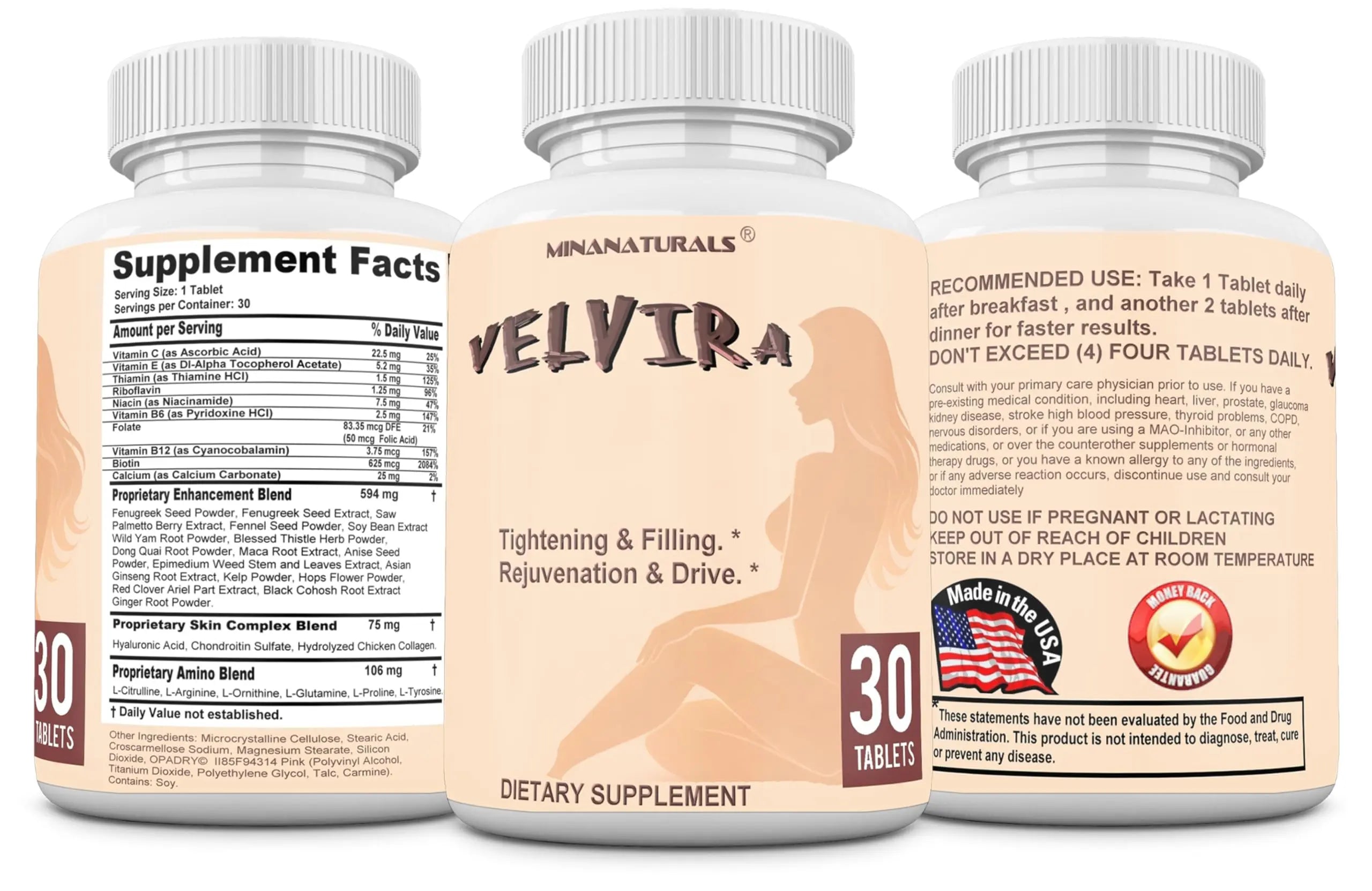 MINANATURALS VELVIRA Feminine Wellness Support Supplement for Women Herbal Rejuvenation Formula with Vitamins, Amino Acids & Collagen 30 Tablets MINANATURALS Au supplements