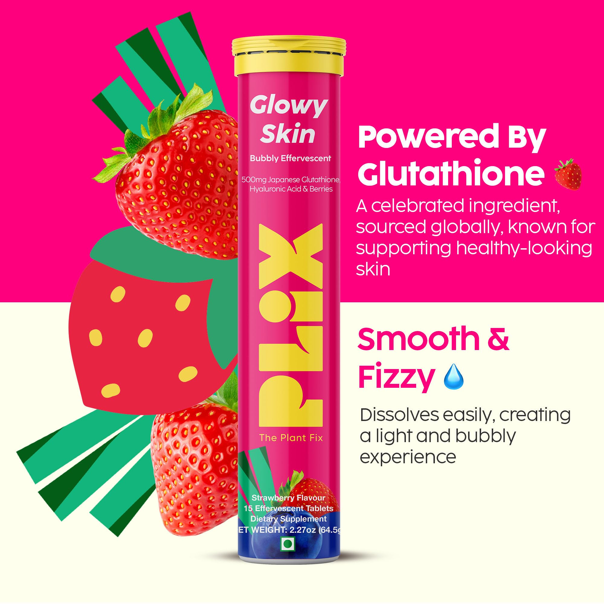PLIX Glowy Skin 500mg Glutathione Supplement with Hyaluronic Acid, Vitamin C, E & Berries | 30 Effervescent Tablets, Strawberry Flavor PLIX - THE PLANT FIX Au supplements