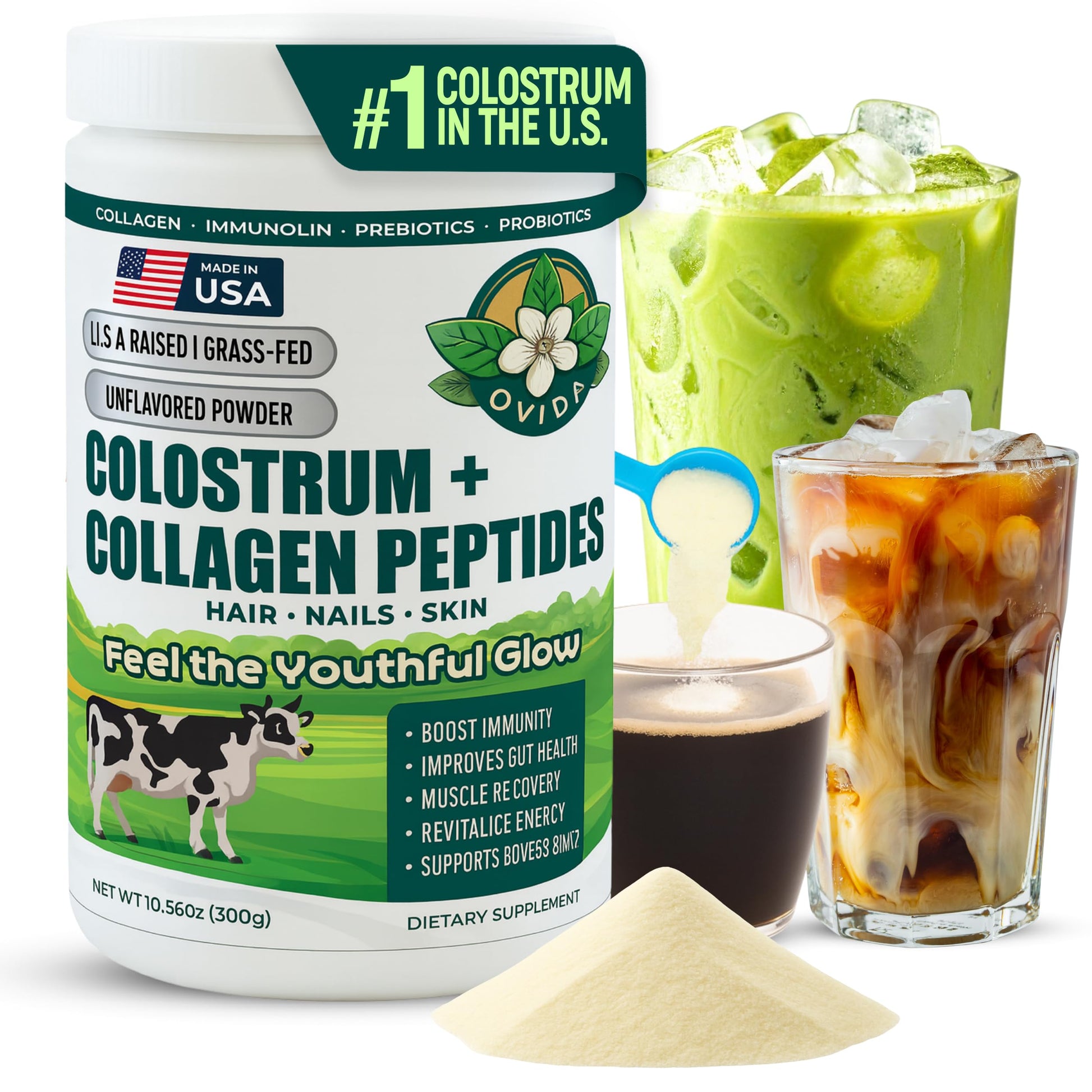 Bovine Colostrum and Hydrolyzed Collagen Peptides Powder Supplement for Women & Men - Supports Gut Health, Joint & Bone Health, Hair Skin Nails - Grass-Fed, Non-GMO, Gluten Free, 300g (30 Servings) OVIDA Au supplements