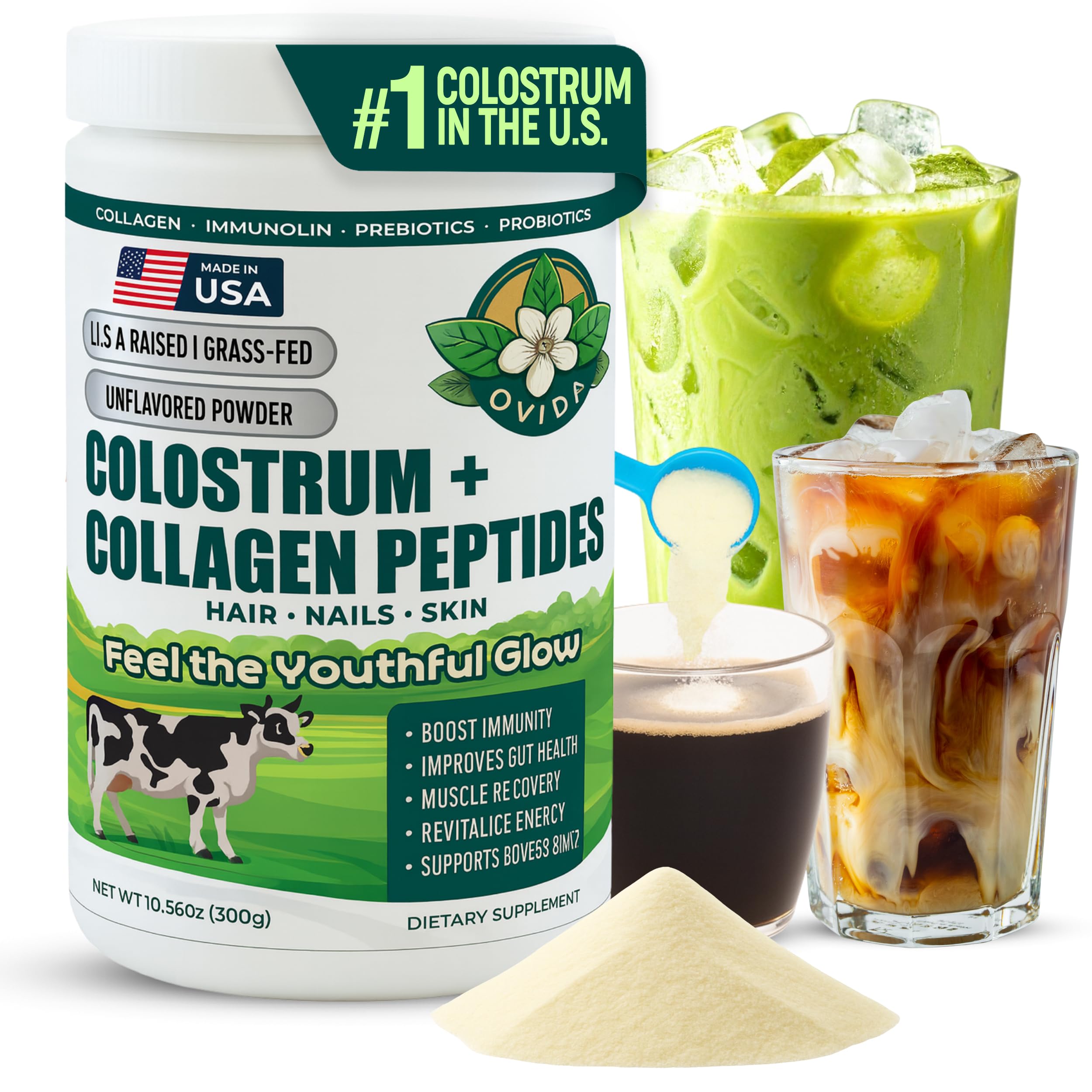 Bovine Colostrum and Hydrolyzed Collagen Peptides Powder Supplement for Women & Men - Supports Gut Health, Joint & Bone Health, Hair Skin Nails - Grass-Fed, Non-GMO, Gluten Free, 300g (30 Servings) OVIDA Au supplements