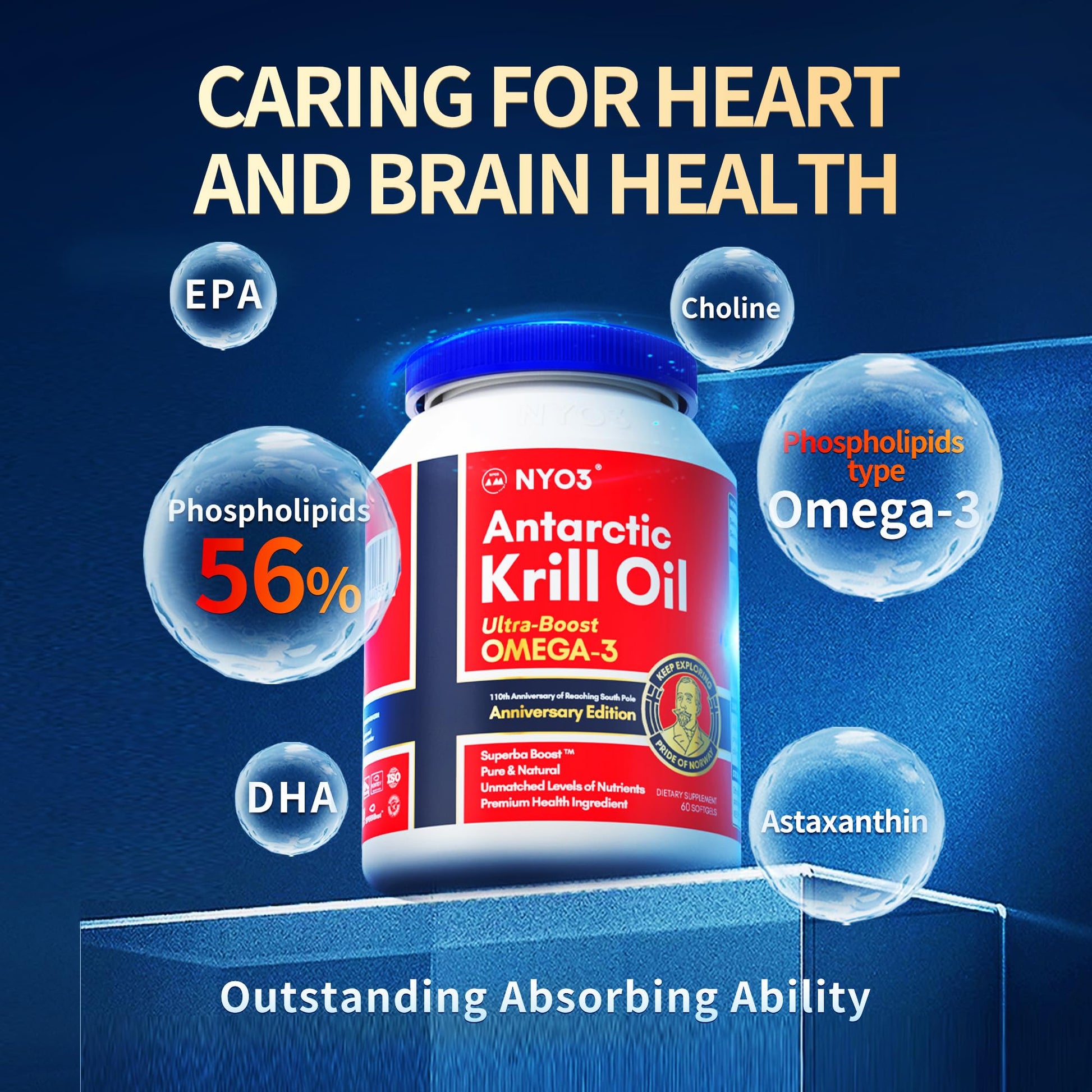 NYO3 Antarctic Krill Oil 1000mg Omega 3 Supplement, EPA & DHA, 90 Softgels Astaxanthin NYO3 Au supplements