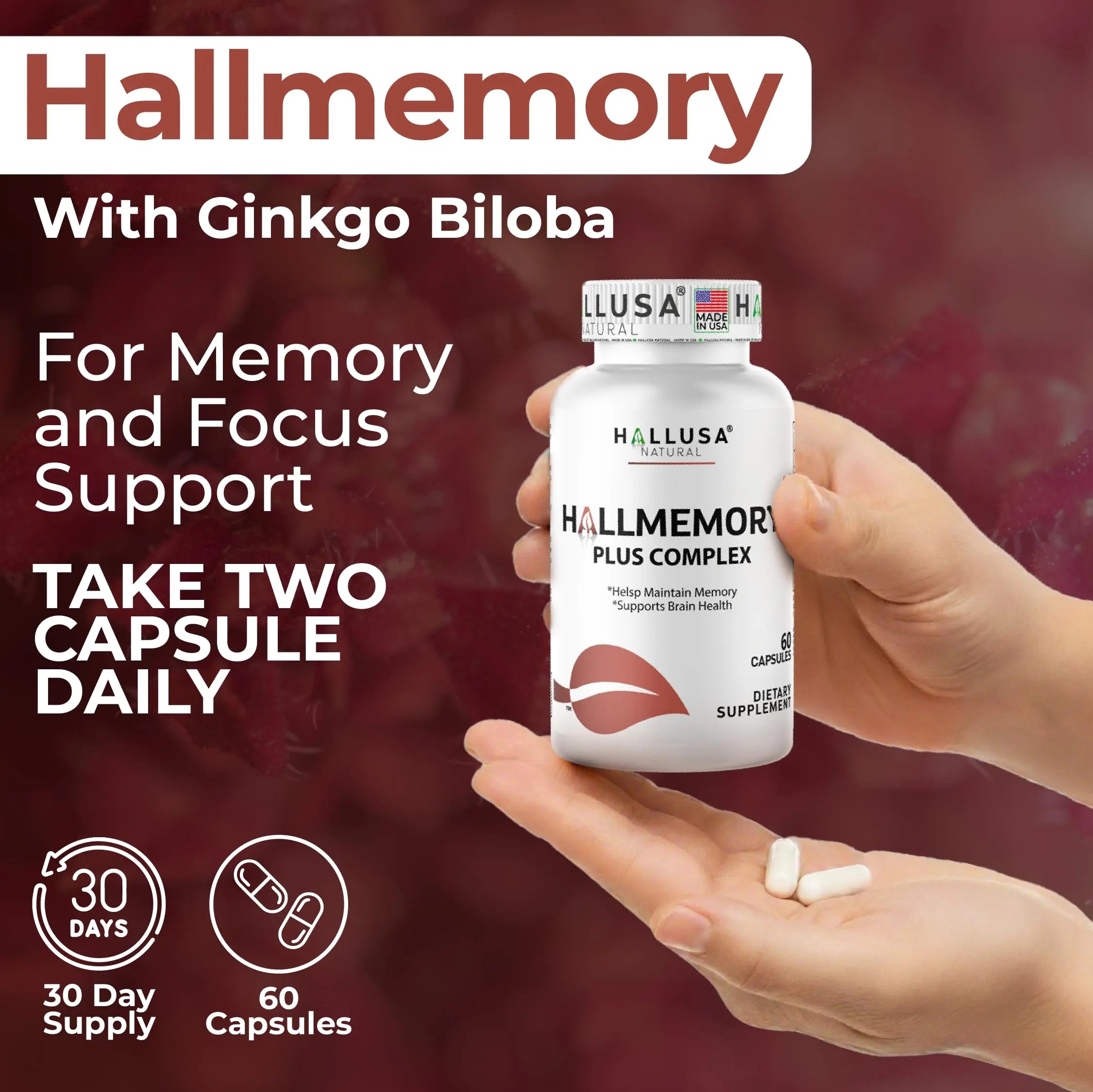 Hallusa Natural Brain Health Supplement Capsules 1680mg, Ginkgo Biloba, B Vitamins & Choline, Memory & Focus Support, Brain Booster for Men & Women, 60 Count Hallusa Natural Au supplements