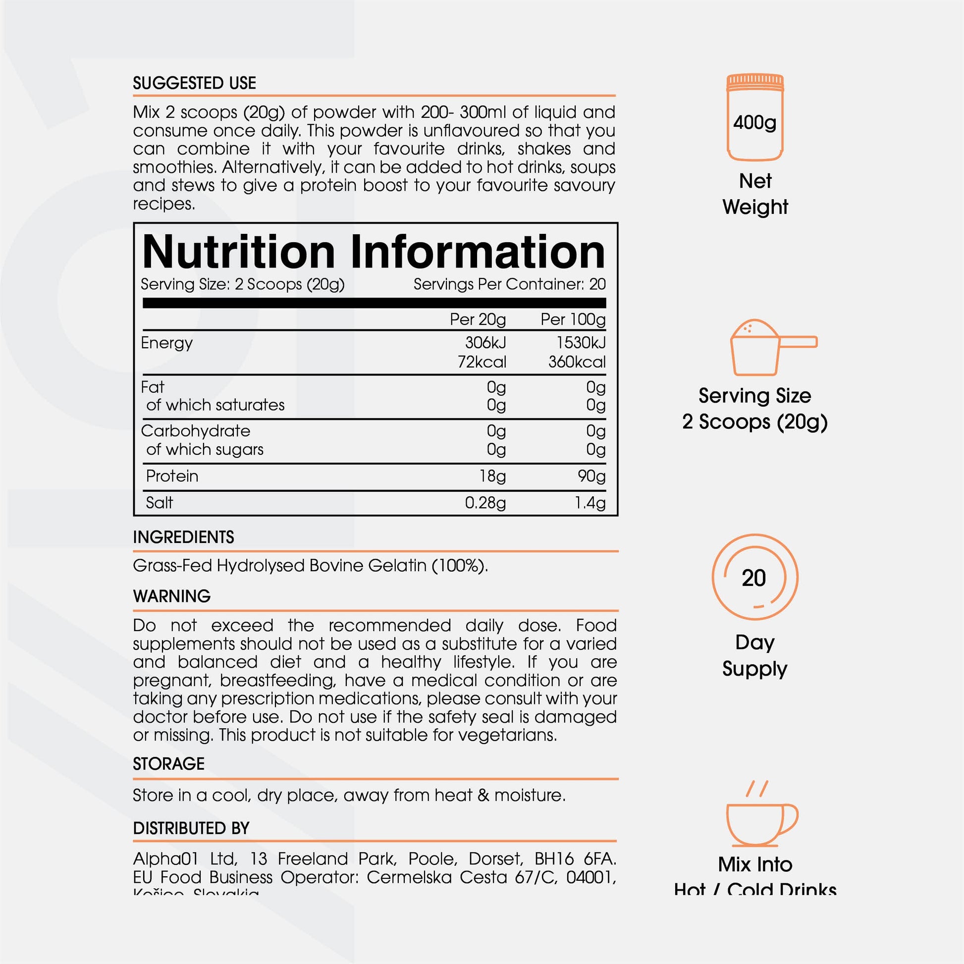 Bone Broth Beef Protein Powder - 400g - Unflavoured - 100% Grass-Fed & Pasture Raised Beef ALPHA01 Au supplements