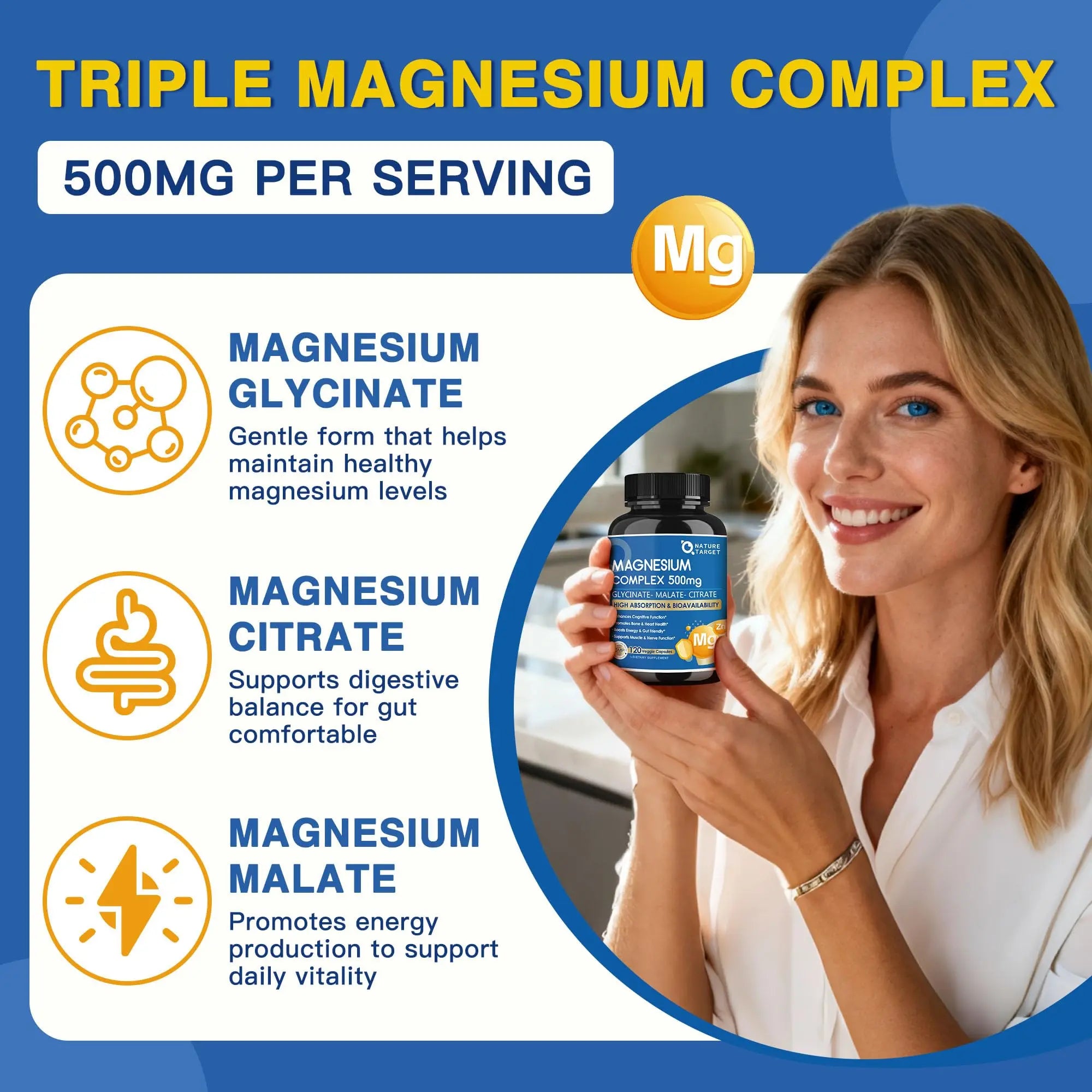 Magnesium Complex 500mg, Magnesium Glycinate, Malate & Citrate - High Absorption Chelated Triple Magnesium Supplement with Zinc, Vitamin D3 for Muscle, Nerve, Bone & Immune Support, Vegan 120 Capsules NATURE TARGET Au supplements