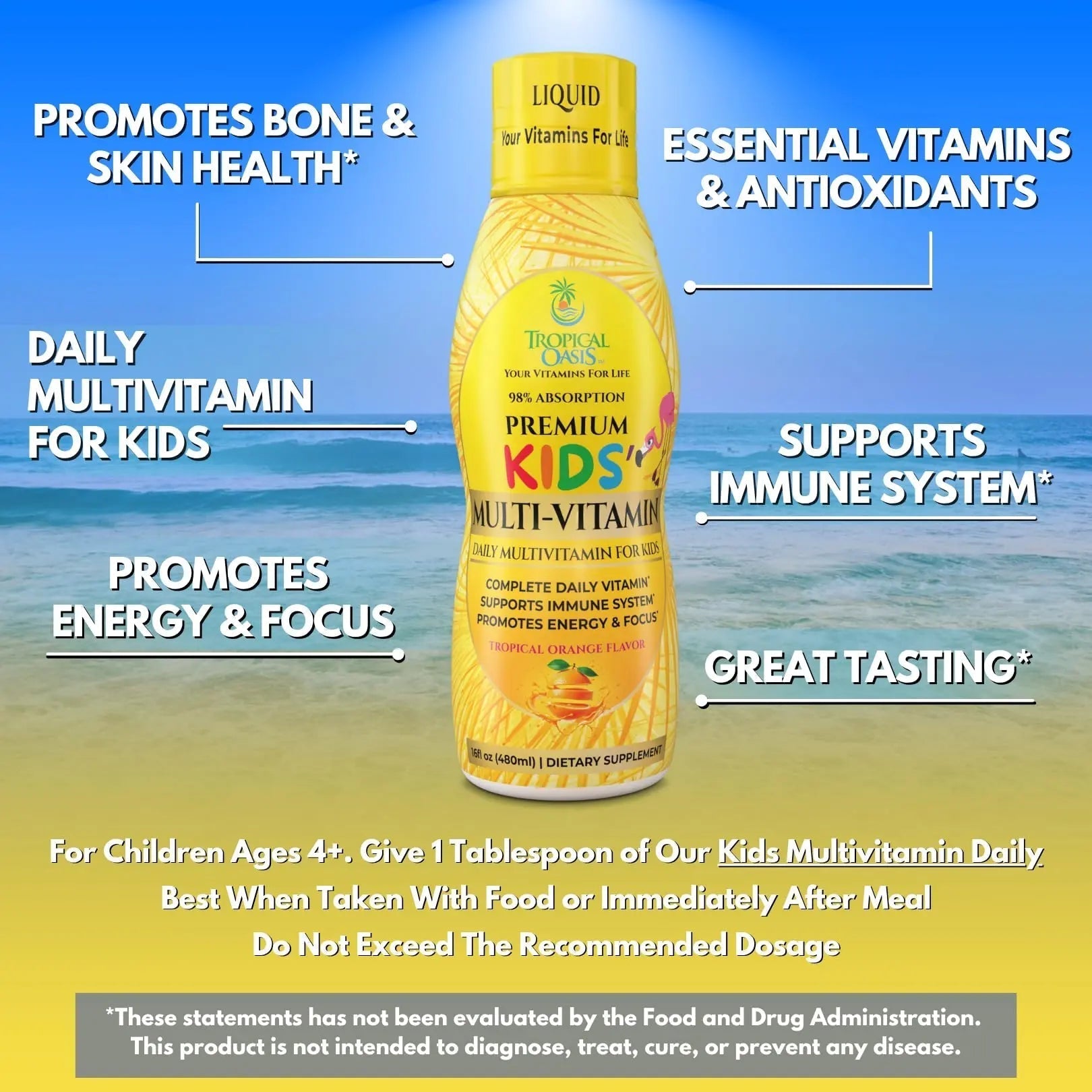 Premium Liquid Multivitamin For Kids | Sugar Free Kids Vitamins | 100% DV of 14 Vitamins for Kids | Multivitamin for Children Ages 4+ | Tropical Oasis Au supplements